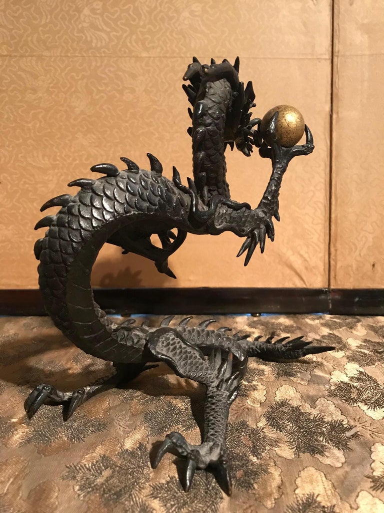 Japanese Meiji Bronze Dragon Sculpture Holding Golden Orb at 1stDibs