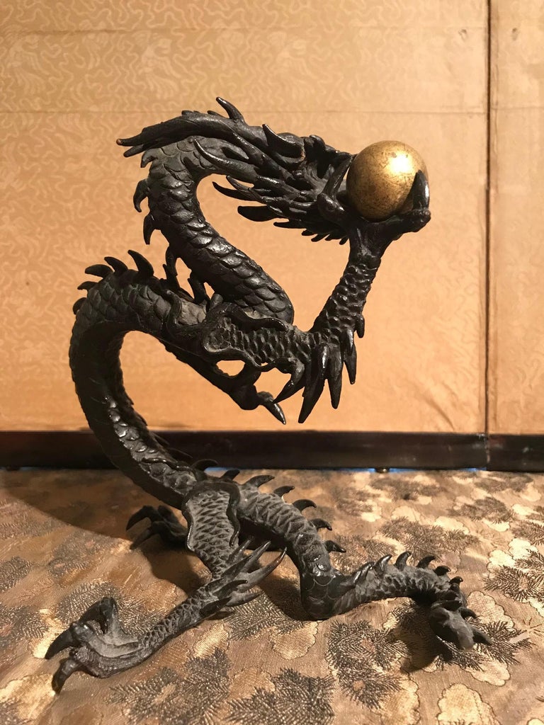 Japanese Meiji Bronze Dragon Sculpture Holding Golden Orb at 1stDibs