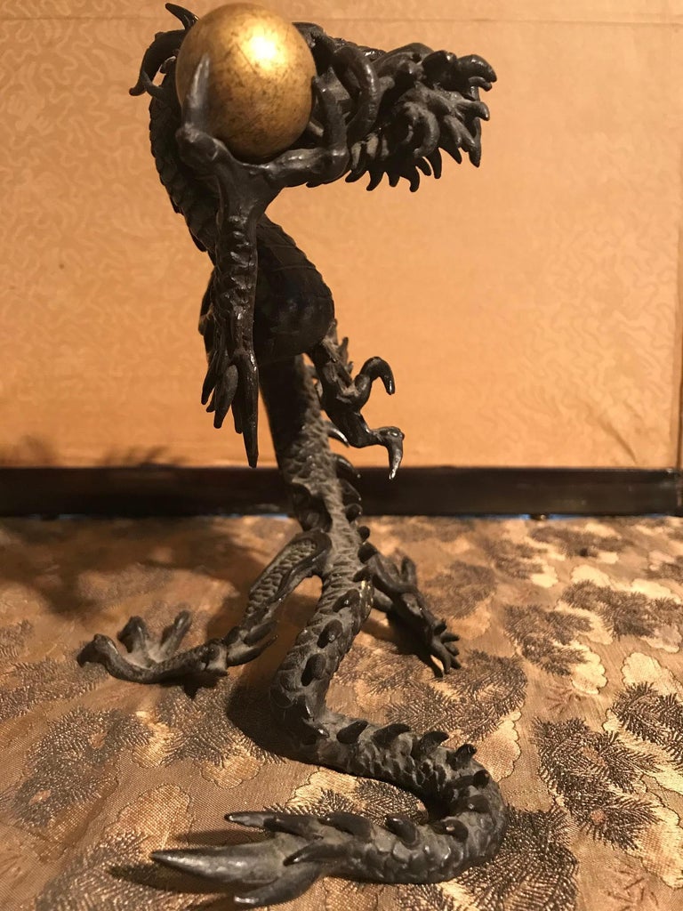 Japanese Meiji Bronze Dragon Sculpture Holding Golden Orb at 1stDibs