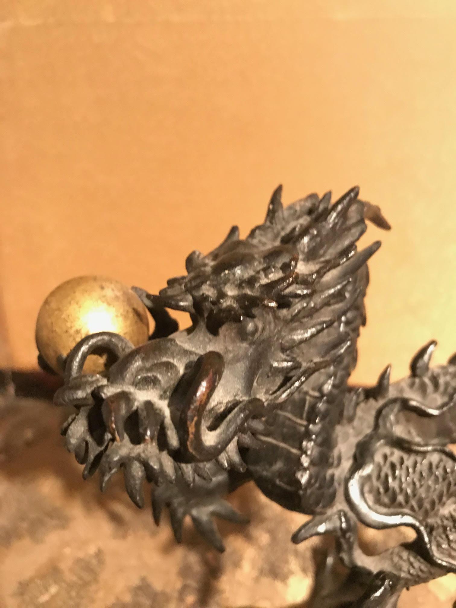 Late 19th Century Japanese Meiji Bronze Dragon Sculpture Holding Golden Orb