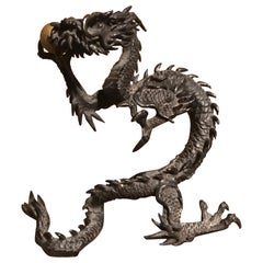 Japanese Meiji Bronze Dragon Sculpture Holding Golden Orb