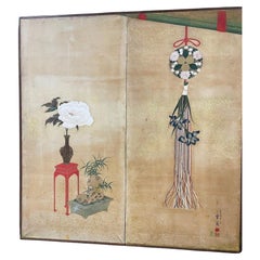 Japanese Edo Byōbu Screen with Peony, Irises & Floral Medallion, circa 1850