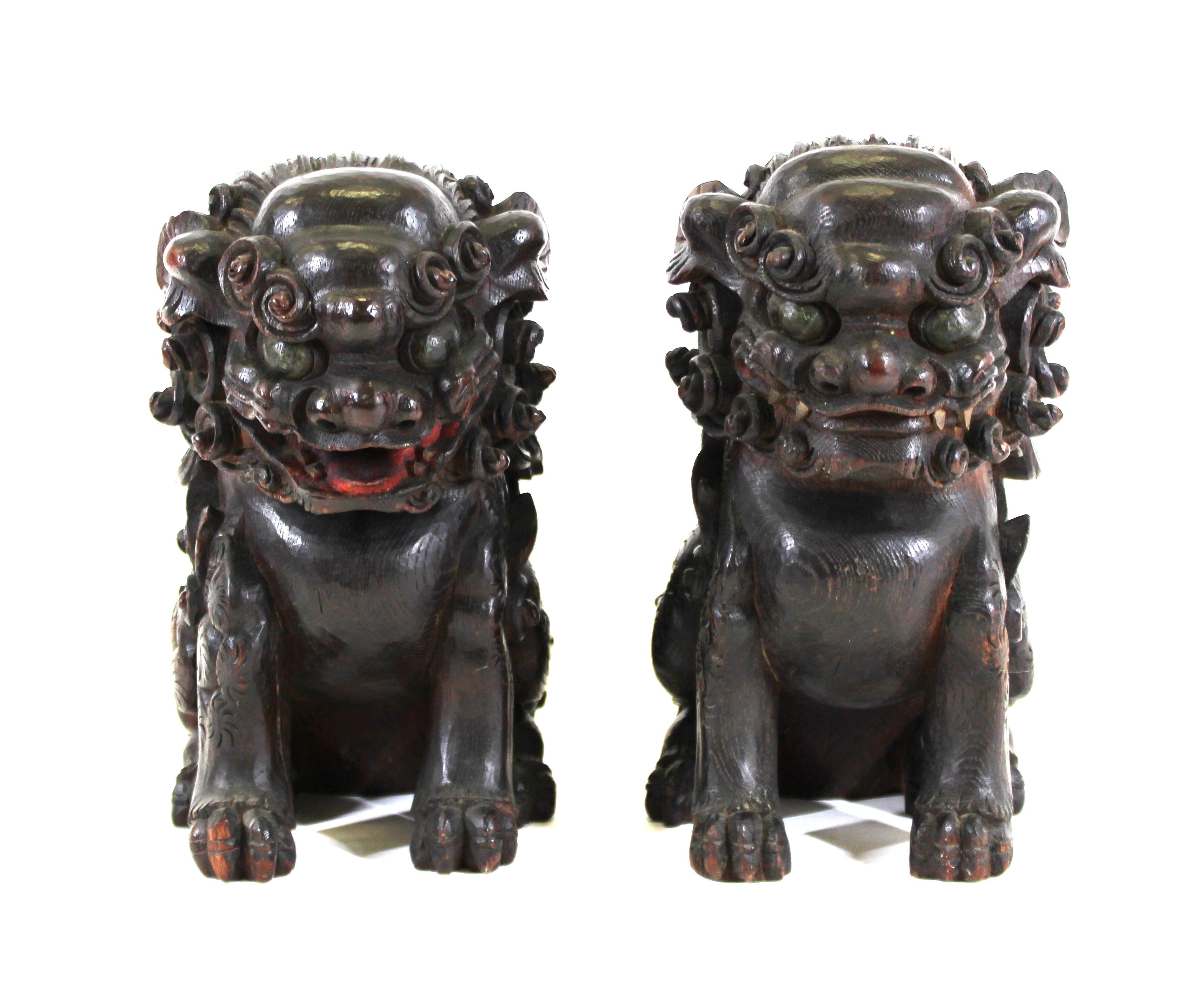 Japanese Edo period pair of foo dogs in delicately carved wood. The dogs have uniquely expressive faces, one with open mouth, the other with closed mouth and elaborate manes and tails. Made in Japan during the Edo period (1603-1868), in circa 1750.