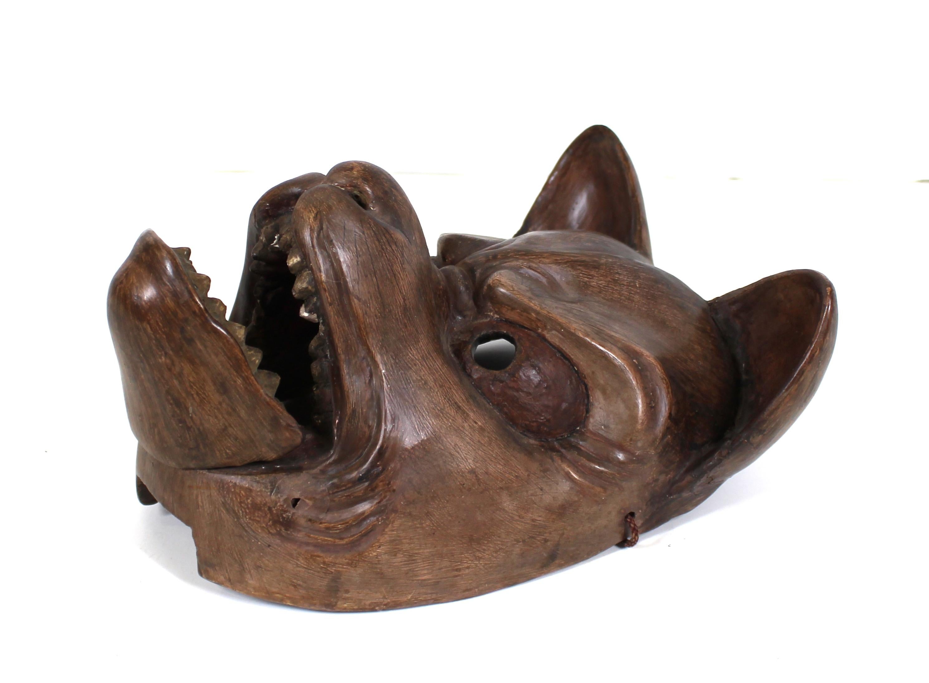 Japanese Edo Carved Wood Fox Mask with Articulated Jaw For Sale 1