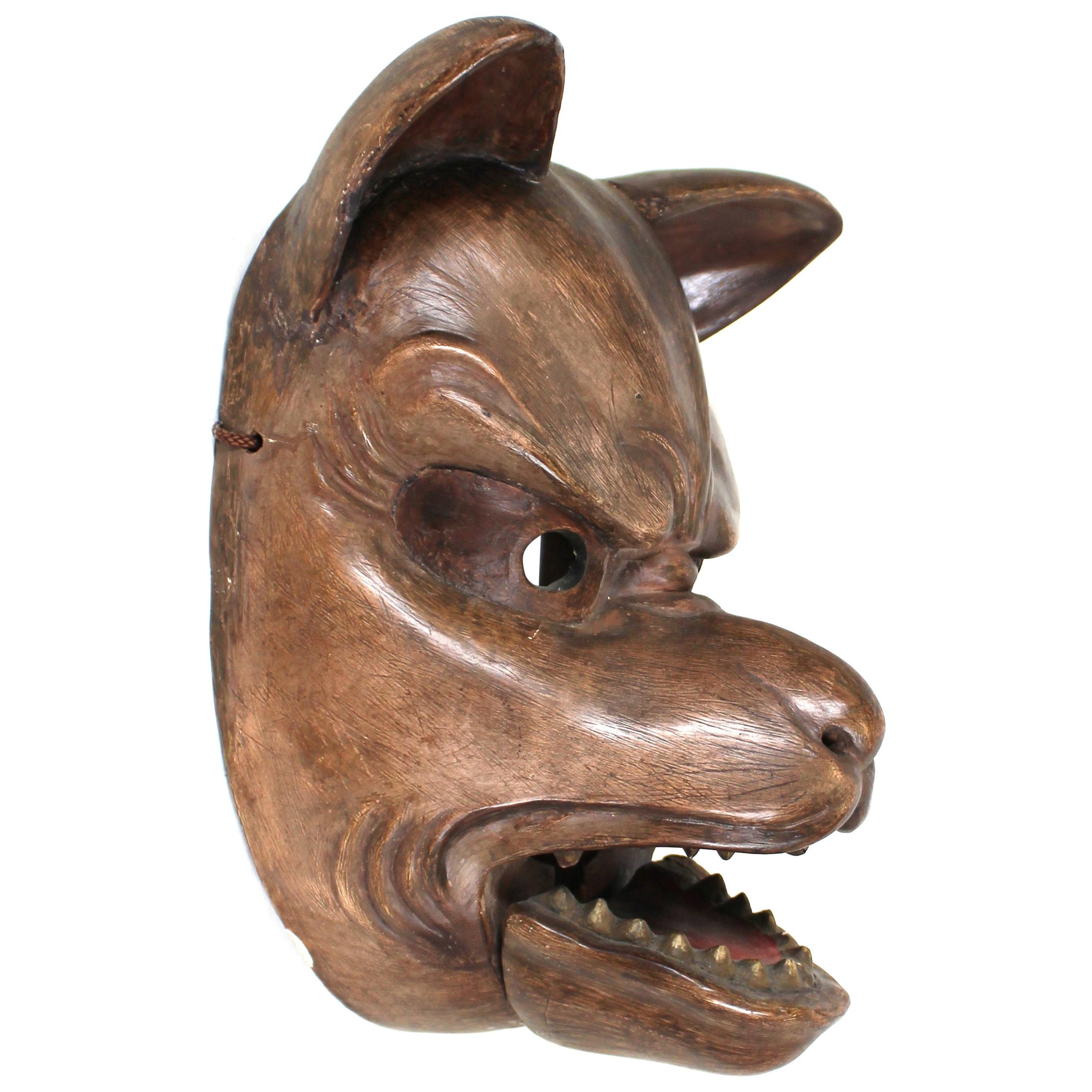 Masque de renard japonais Edo sculpté en bois avec paille articulée