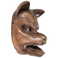 Japanese Edo Carved Wood Fox Mask with Articulated Jaw
