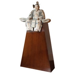 Japanese Edo Carved Wood Sculpture of Shogun "Saidai-Jin" on Pedestal