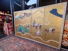 Japanese Edo Four-Panel Gold Leaf Samurai Battle Screen, circa 1800