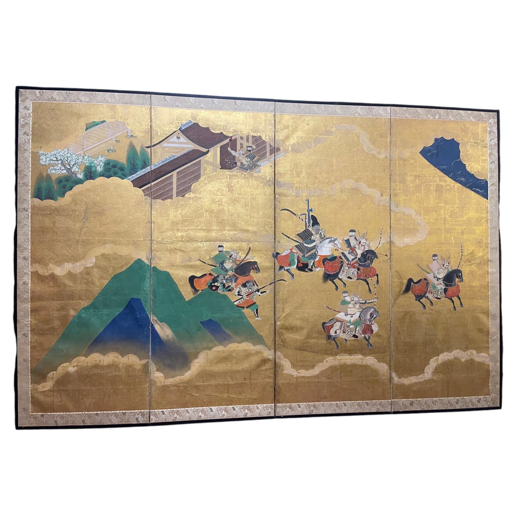 Japanese Edo Four-Panel Gold Leaf Samurai Battle Screen, circa 11900 For Sale