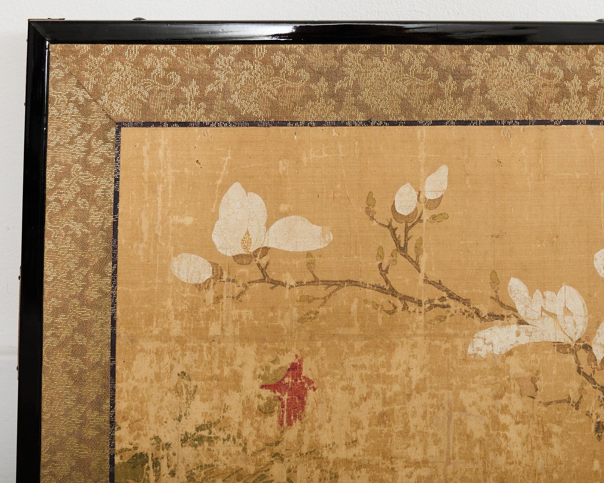 Japanese Edo Four Panel Screen Flowering Peony Prunus Magnolia For Sale 5