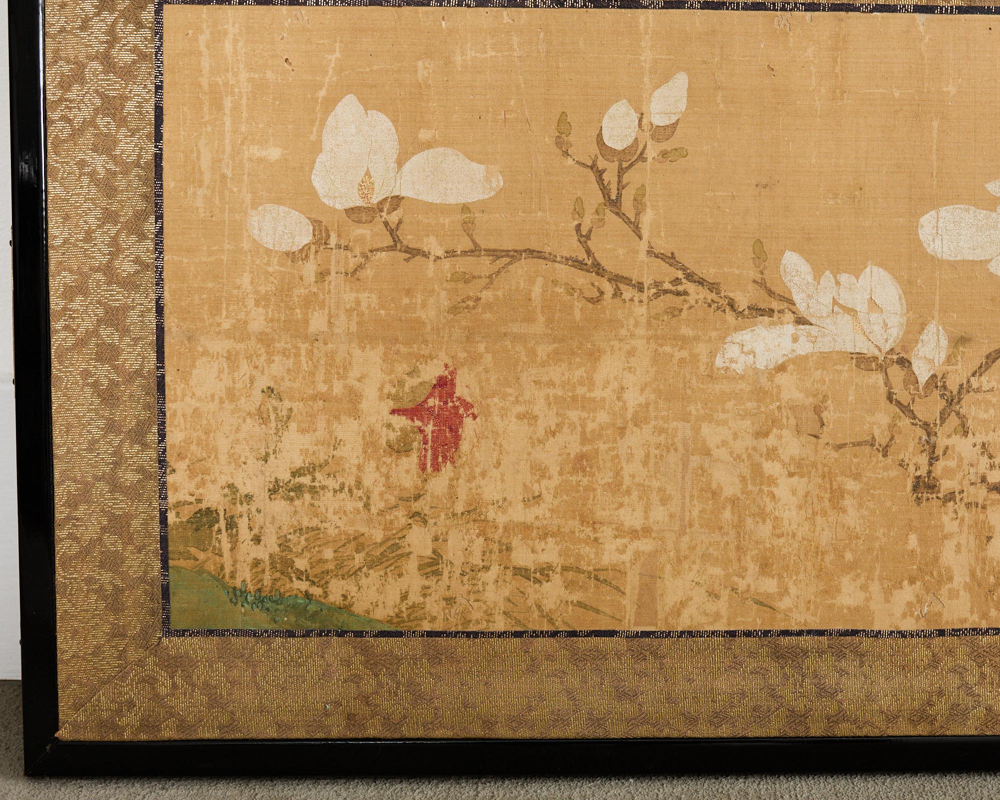 Japanese Edo Four Panel Screen Flowering Peony Prunus Magnolia For Sale 6