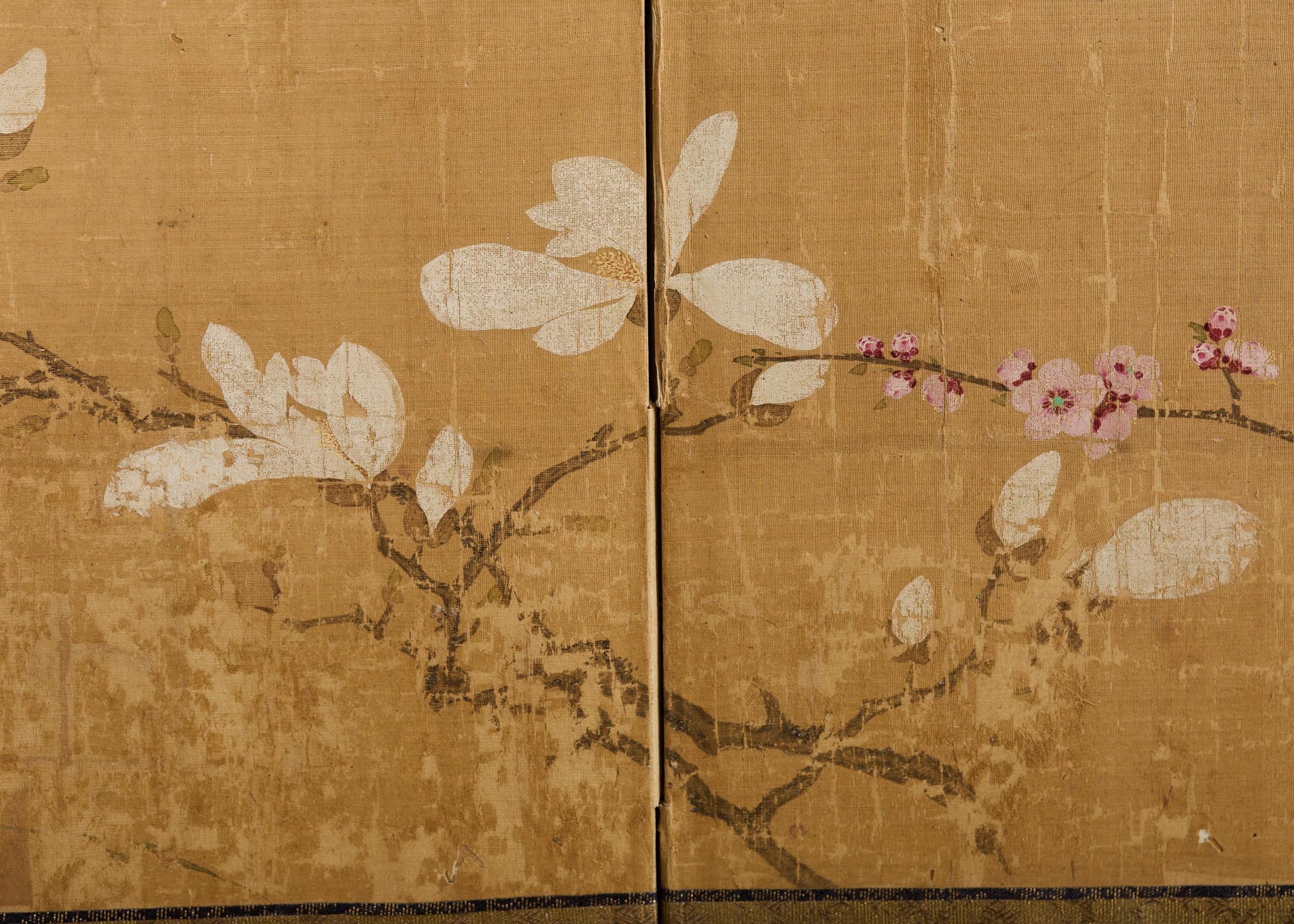 Japanese Edo Four Panel Screen Flowering Peony Prunus Magnolia For Sale 10