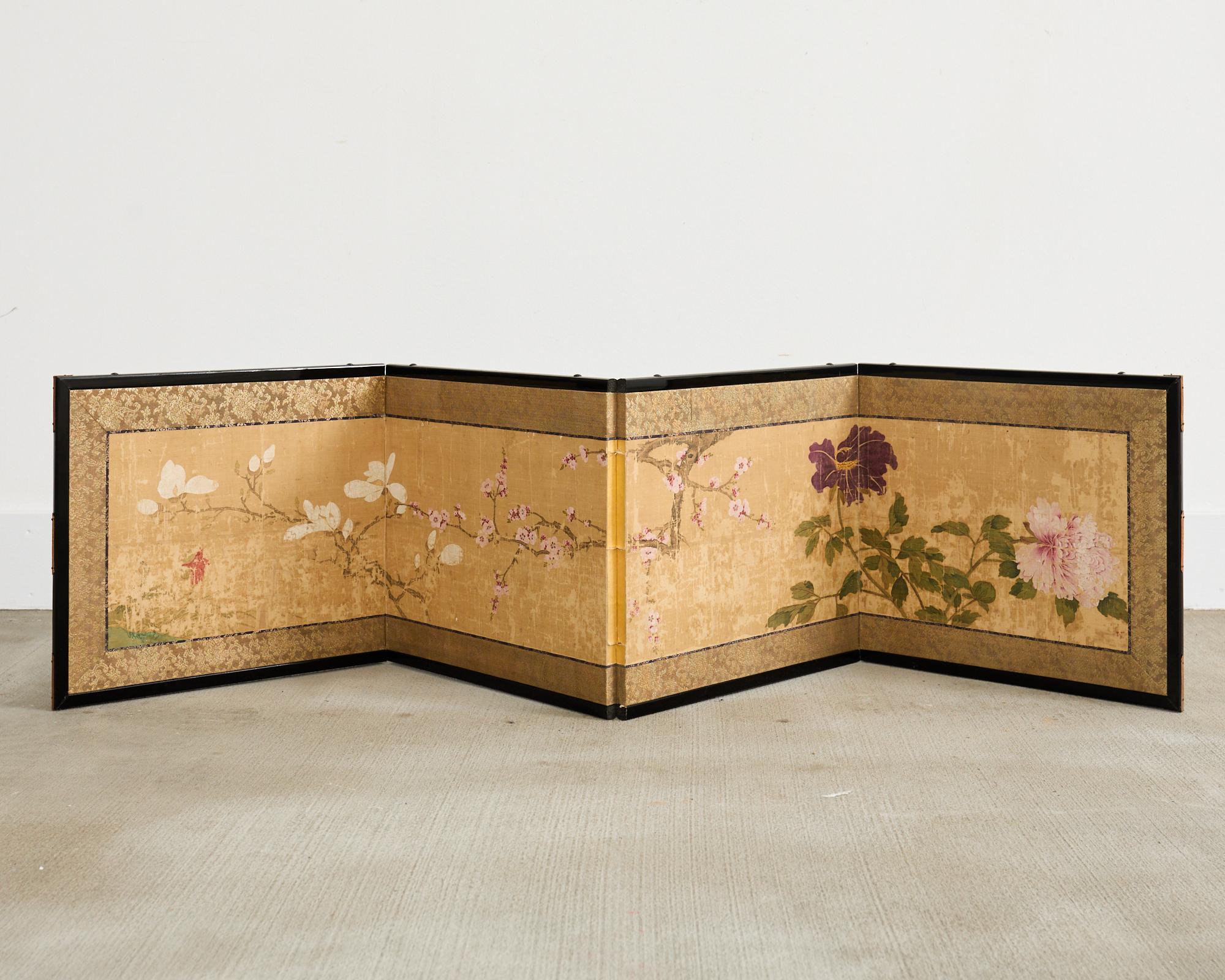 Japanese Edo Four Panel Screen Flowering Peony Prunus Magnolia For Sale 11