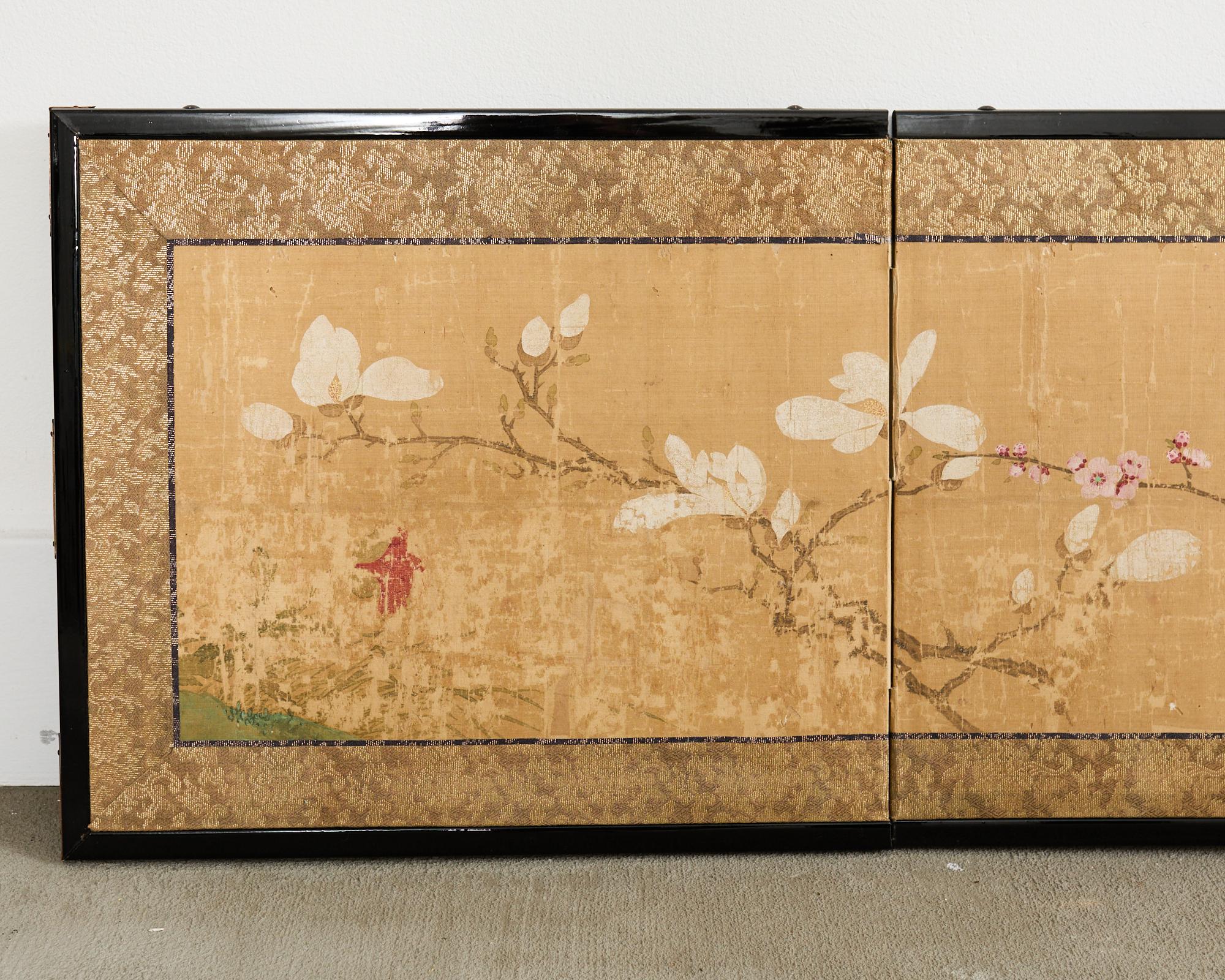 Hand-Crafted Japanese Edo Four Panel Screen Flowering Peony Prunus Magnolia For Sale