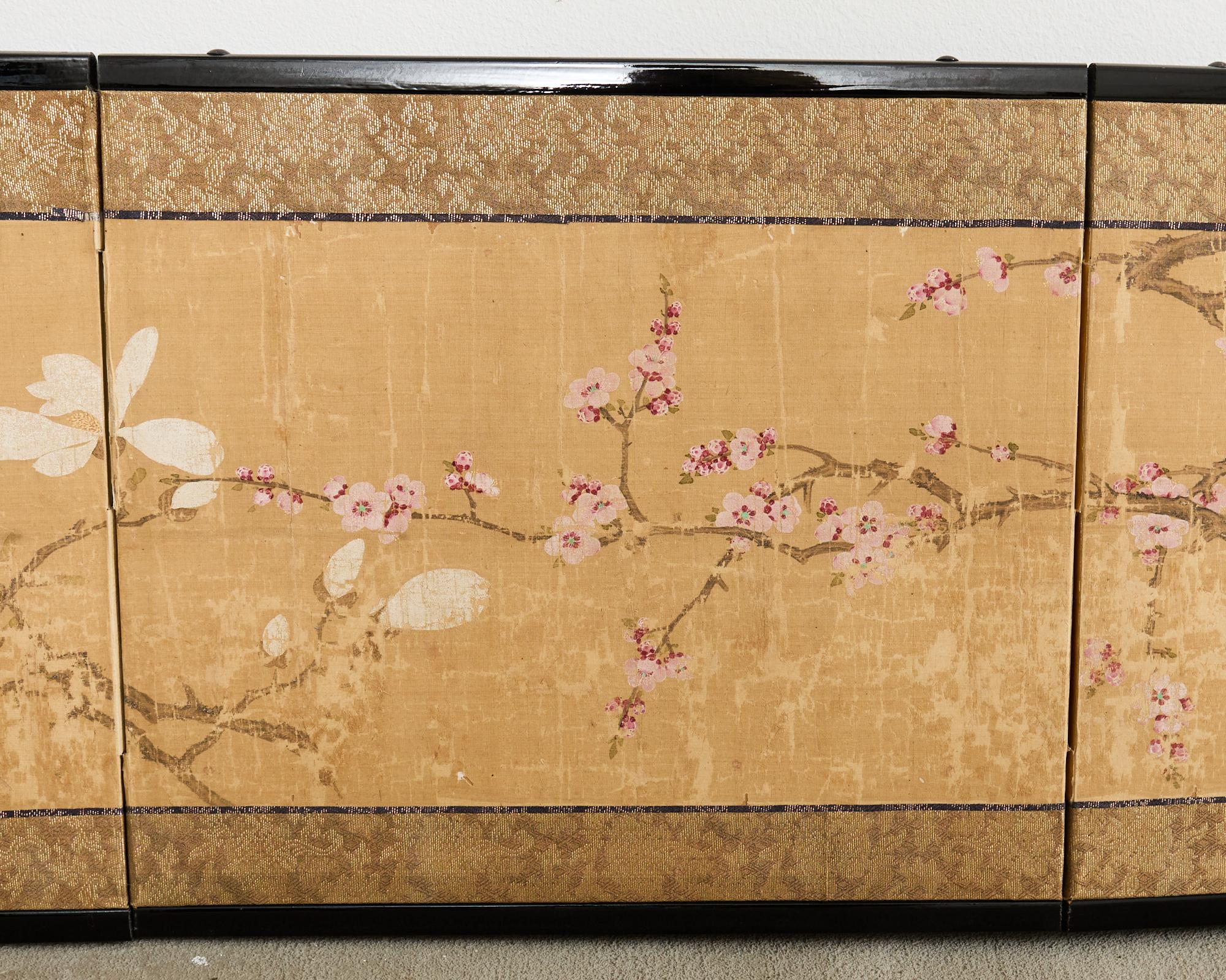Japanese Edo Four Panel Screen Flowering Peony Prunus Magnolia In Distressed Condition For Sale In Rio Vista, CA