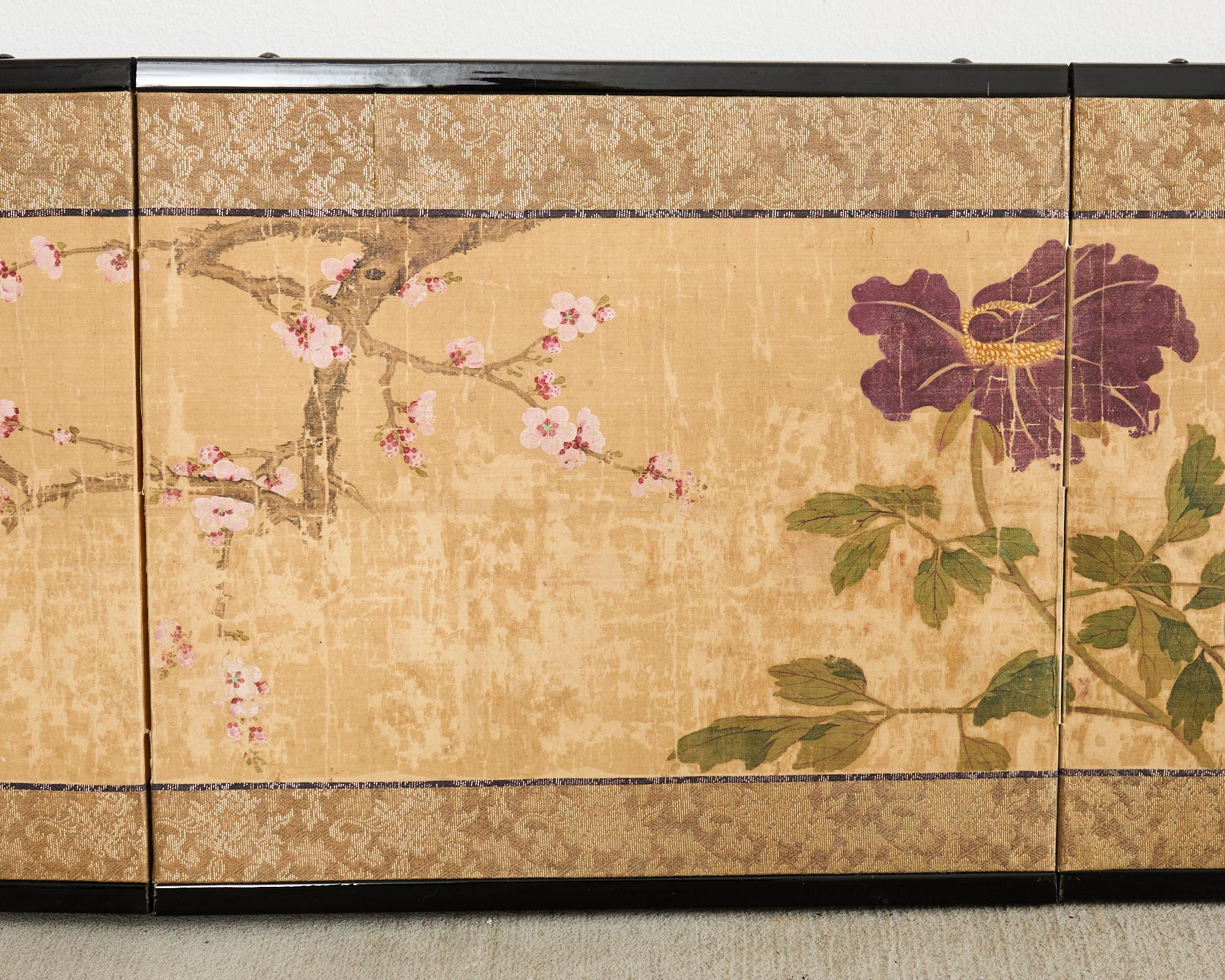 19th Century Japanese Edo Four Panel Screen Flowering Peony Prunus Magnolia For Sale