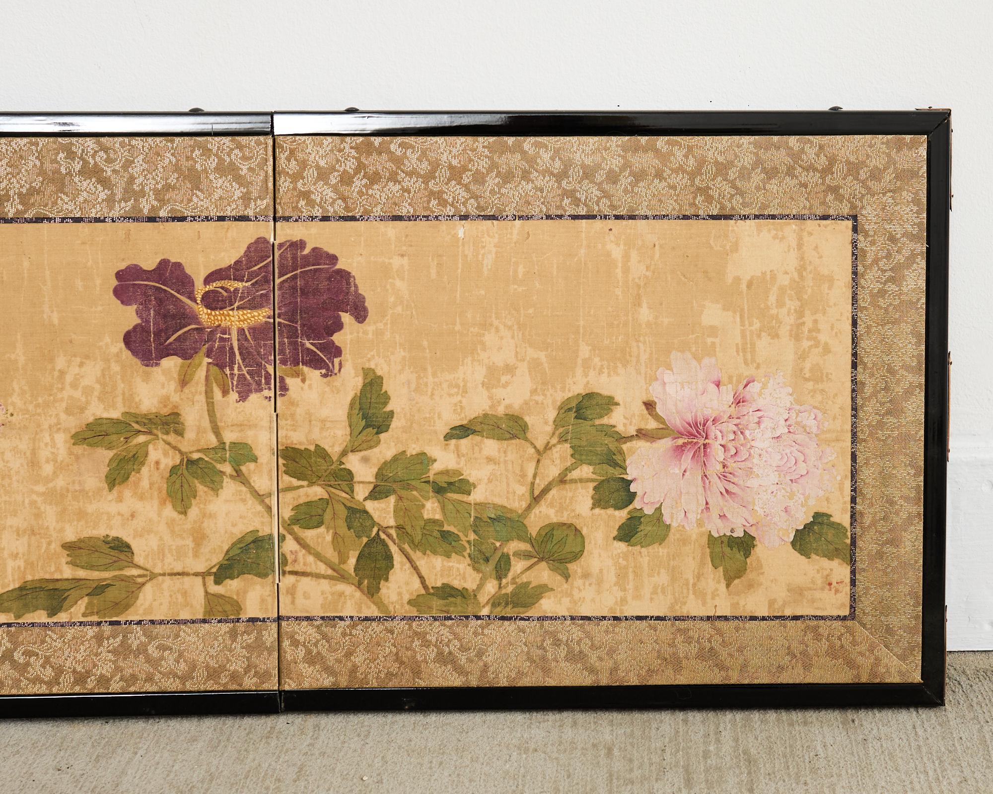 Brass Japanese Edo Four Panel Screen Flowering Peony Prunus Magnolia For Sale