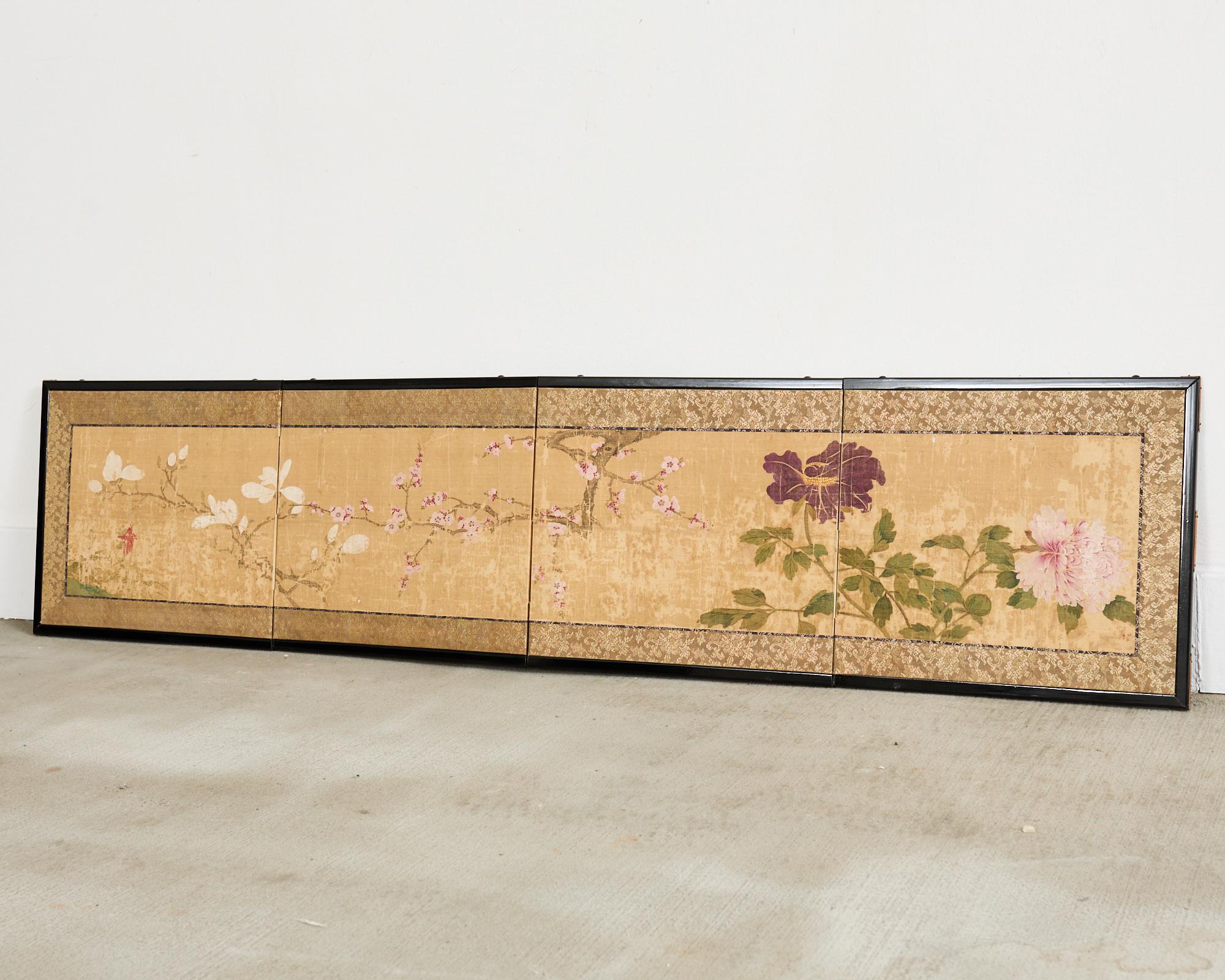 Japanese Edo Four Panel Screen Flowering Peony Prunus Magnolia For Sale 1