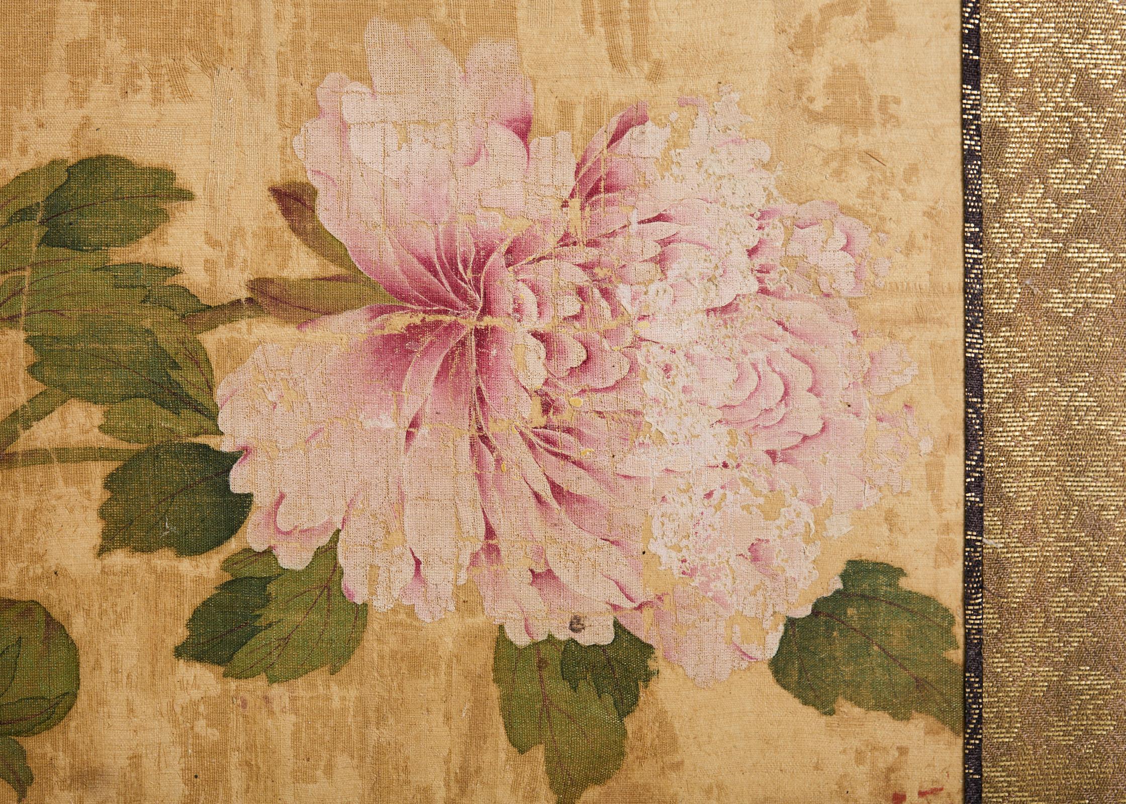 Japanese Edo Four Panel Screen Flowering Peony Prunus Magnolia For Sale 2