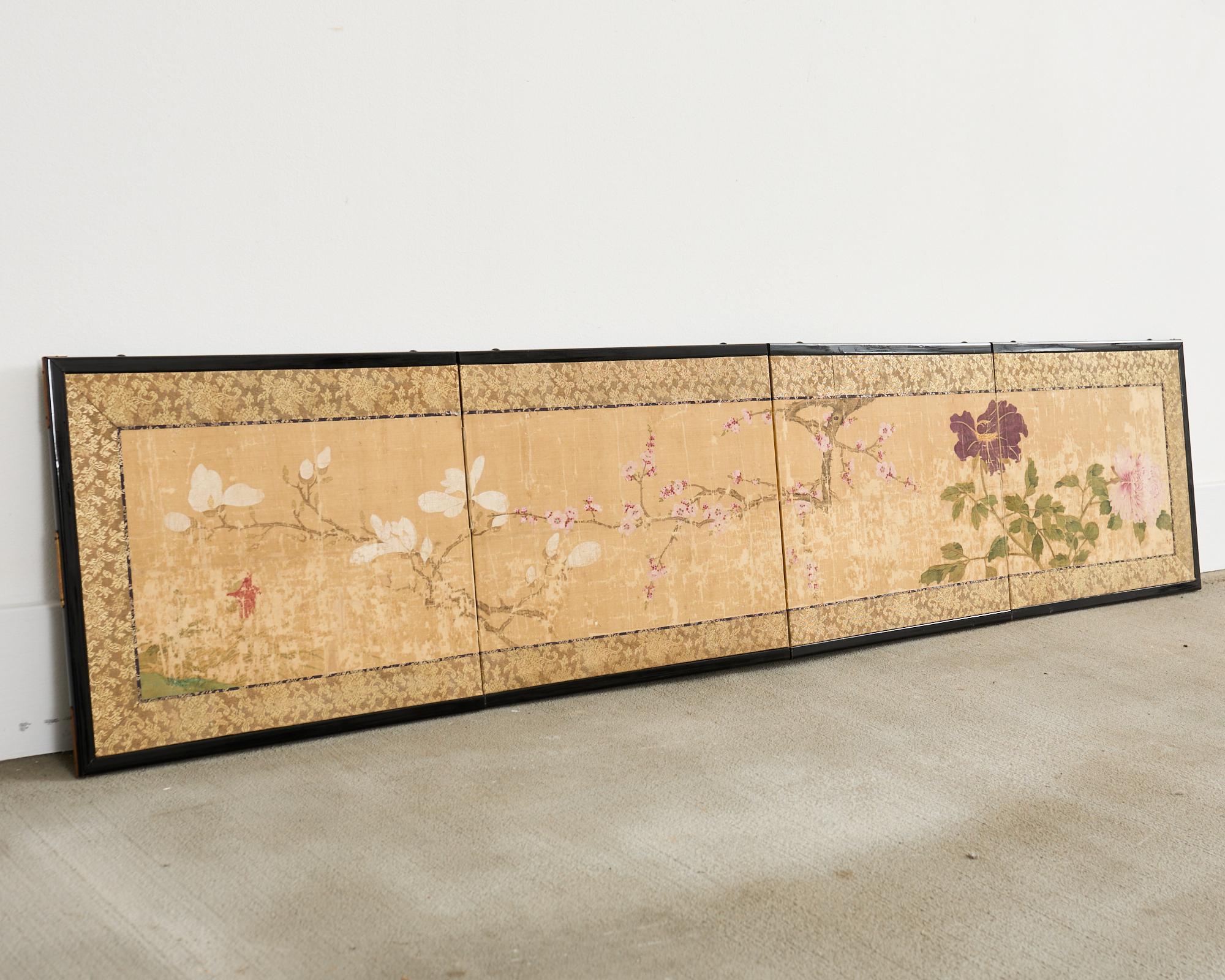Japanese Edo Four Panel Screen Flowering Peony Prunus Magnolia For Sale 3