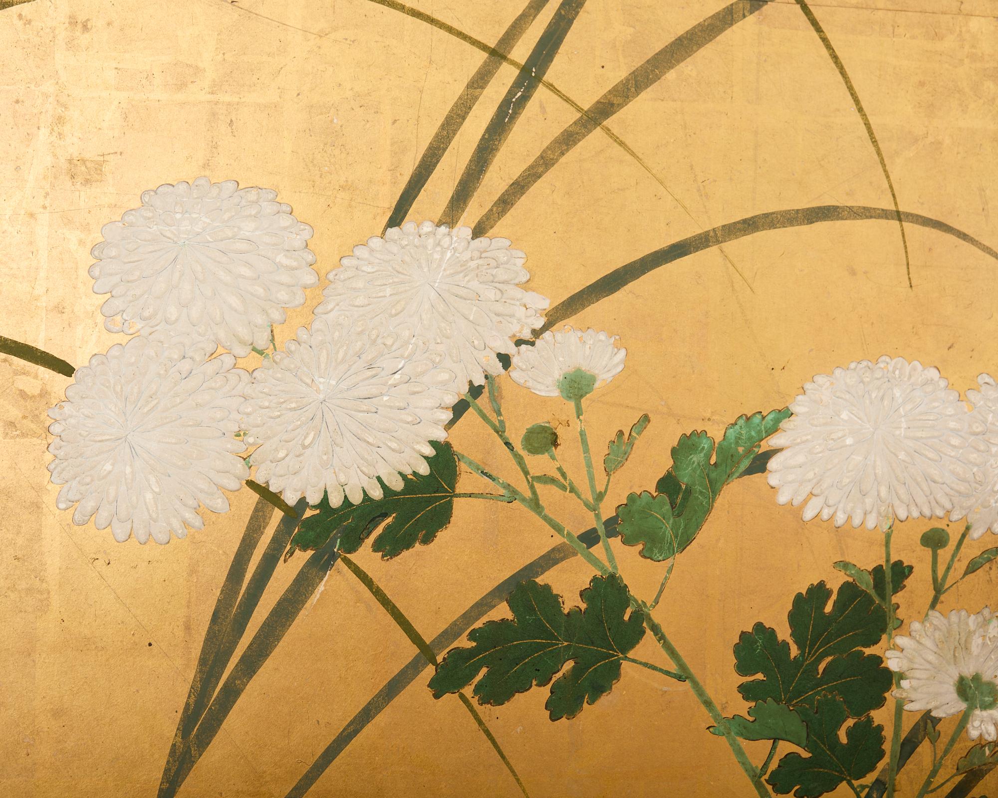 Japanese Edo Four Panel Screen Flowering White Chrysanthemums For Sale 5