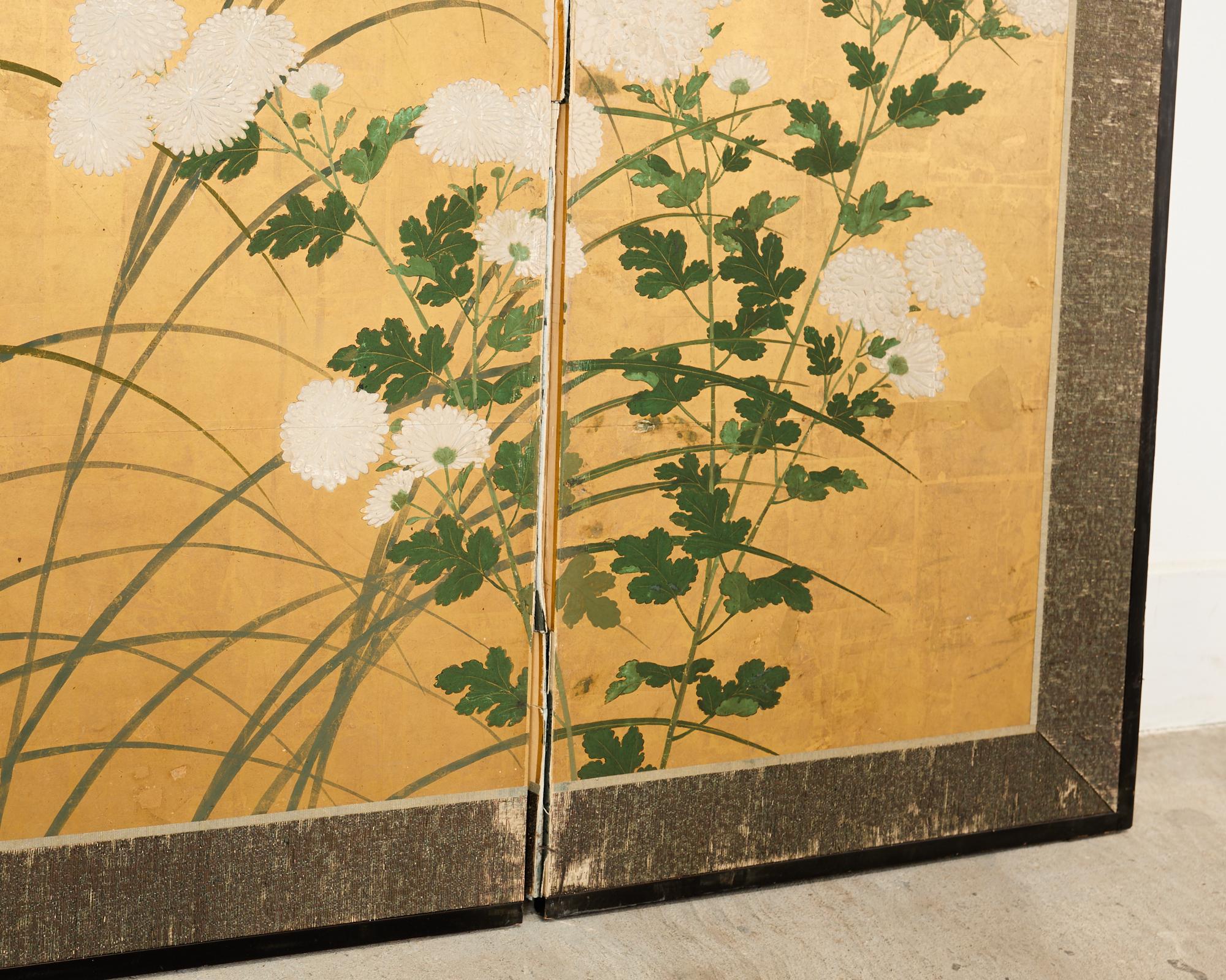 Japanese Edo Four Panel Screen Flowering White Chrysanthemums For Sale 9