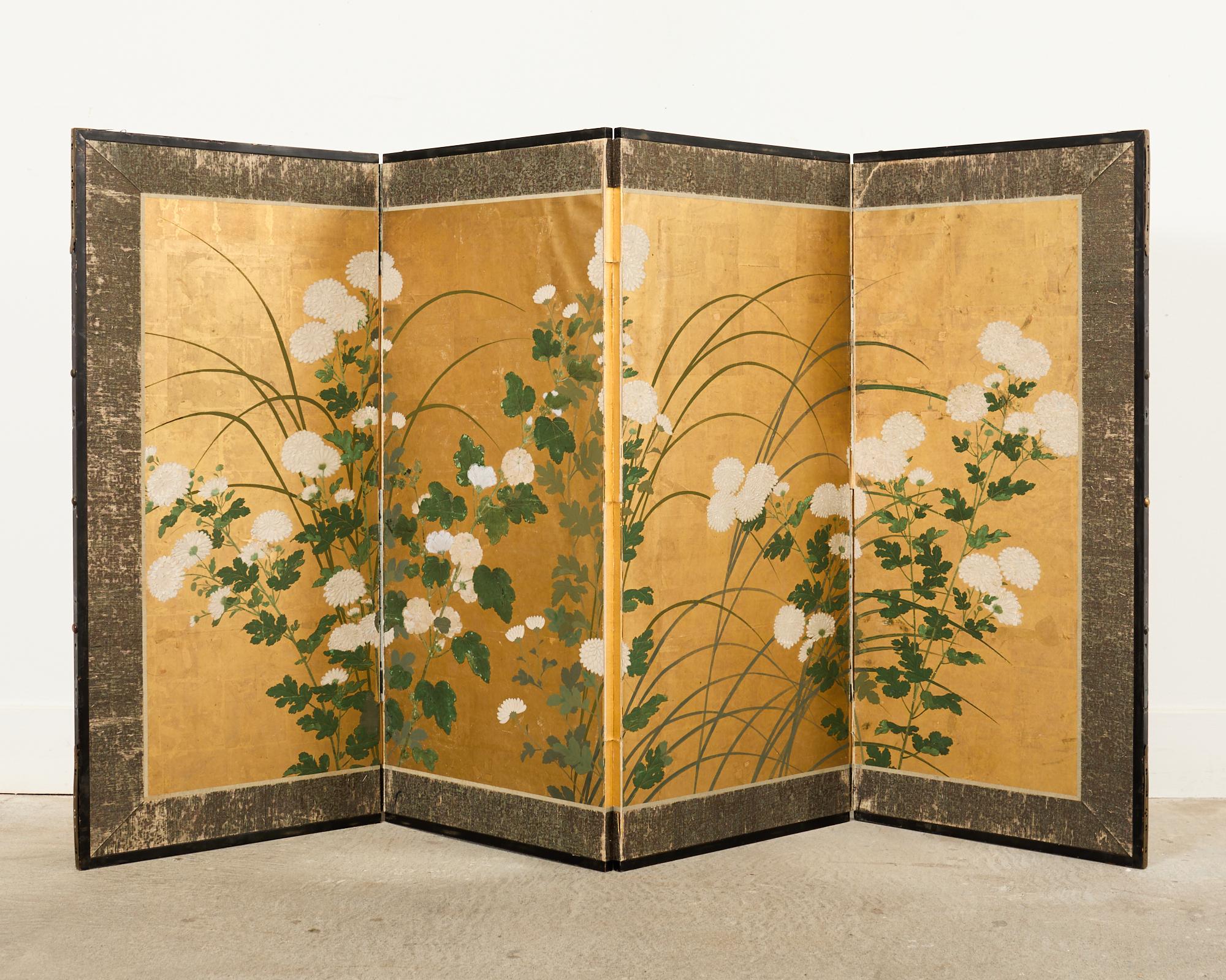 Japanese Edo Four Panel Screen Flowering White Chrysanthemums For Sale 11