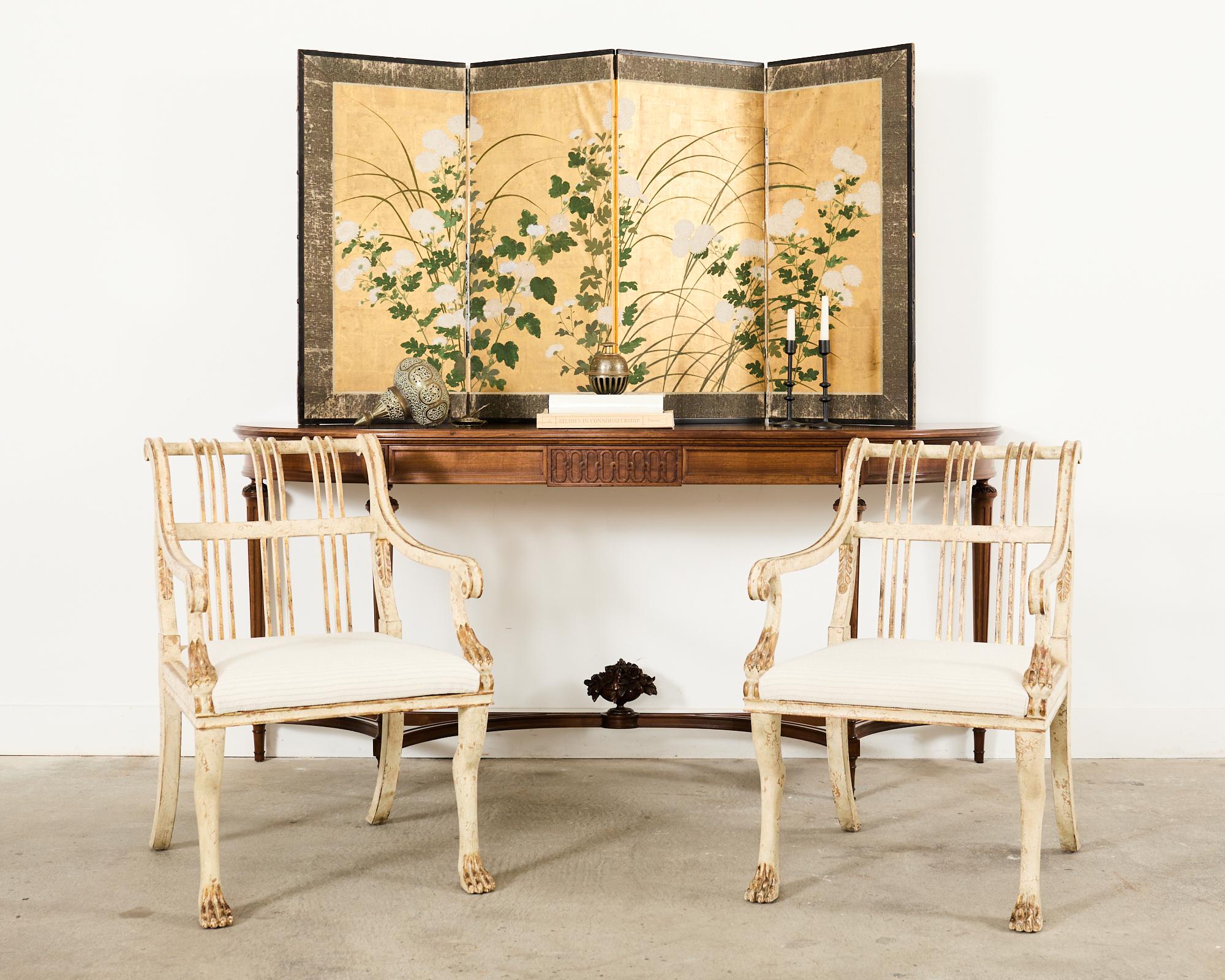 19th century extraordinary Japanese late Edo/early Meiji period four-panel byobu screen featuring flowering white chrysanthemums painted in a moriage (raised pigment) style. The painting has a dramatic gold leaf square background with Rose of Sharon