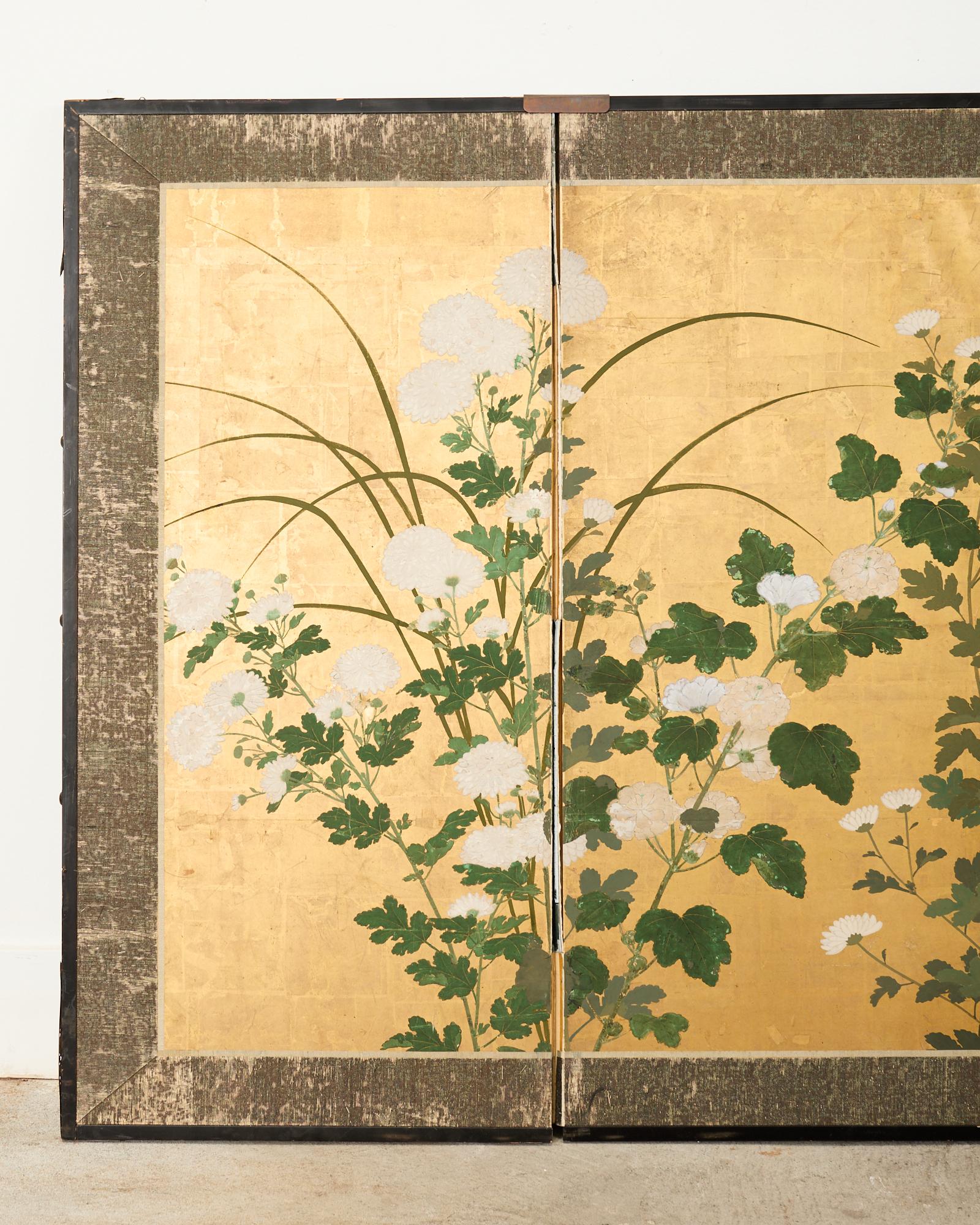 Hand-Crafted Japanese Edo Four Panel Screen Flowering White Chrysanthemums For Sale