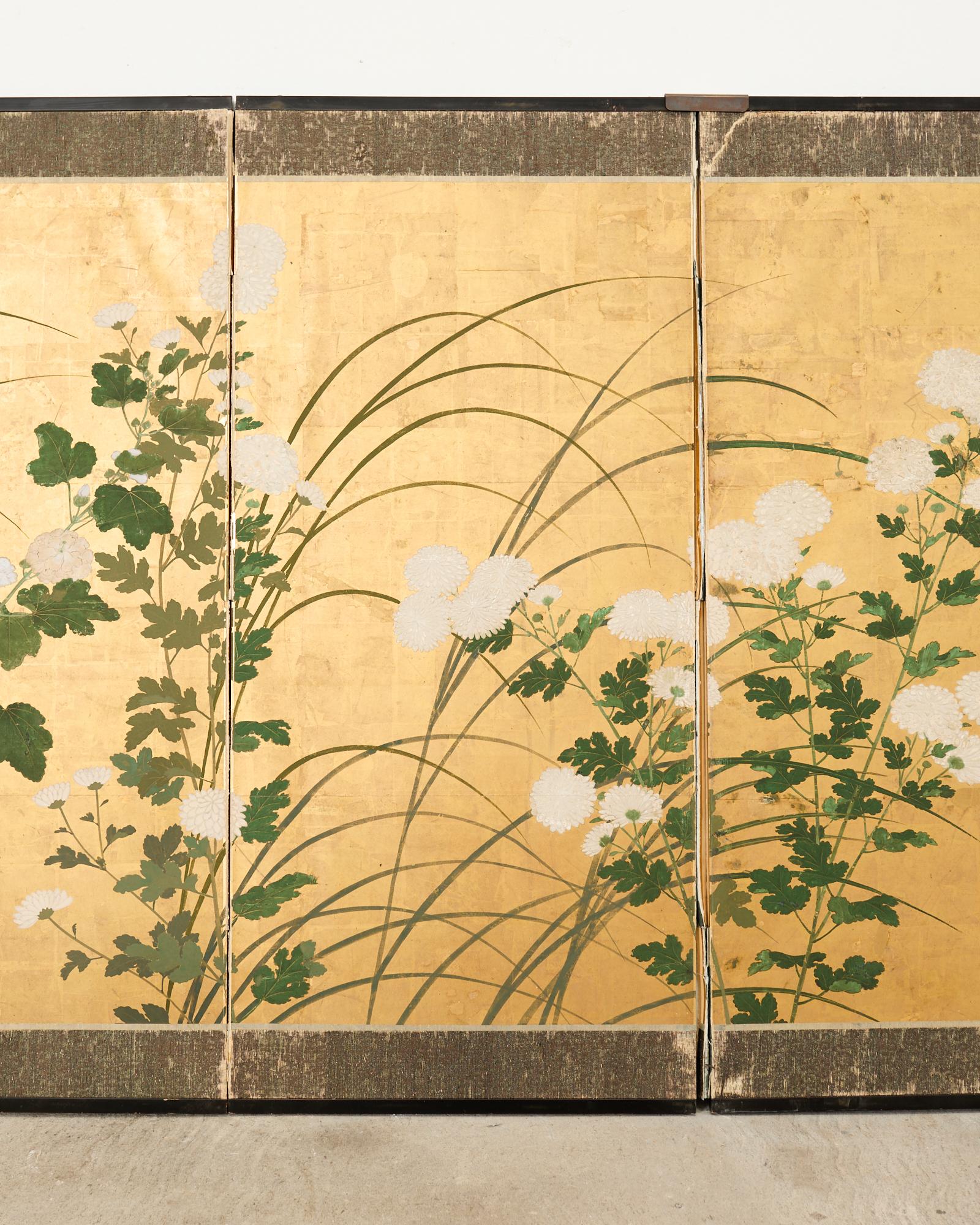 19th Century Japanese Edo Four Panel Screen Flowering White Chrysanthemums For Sale