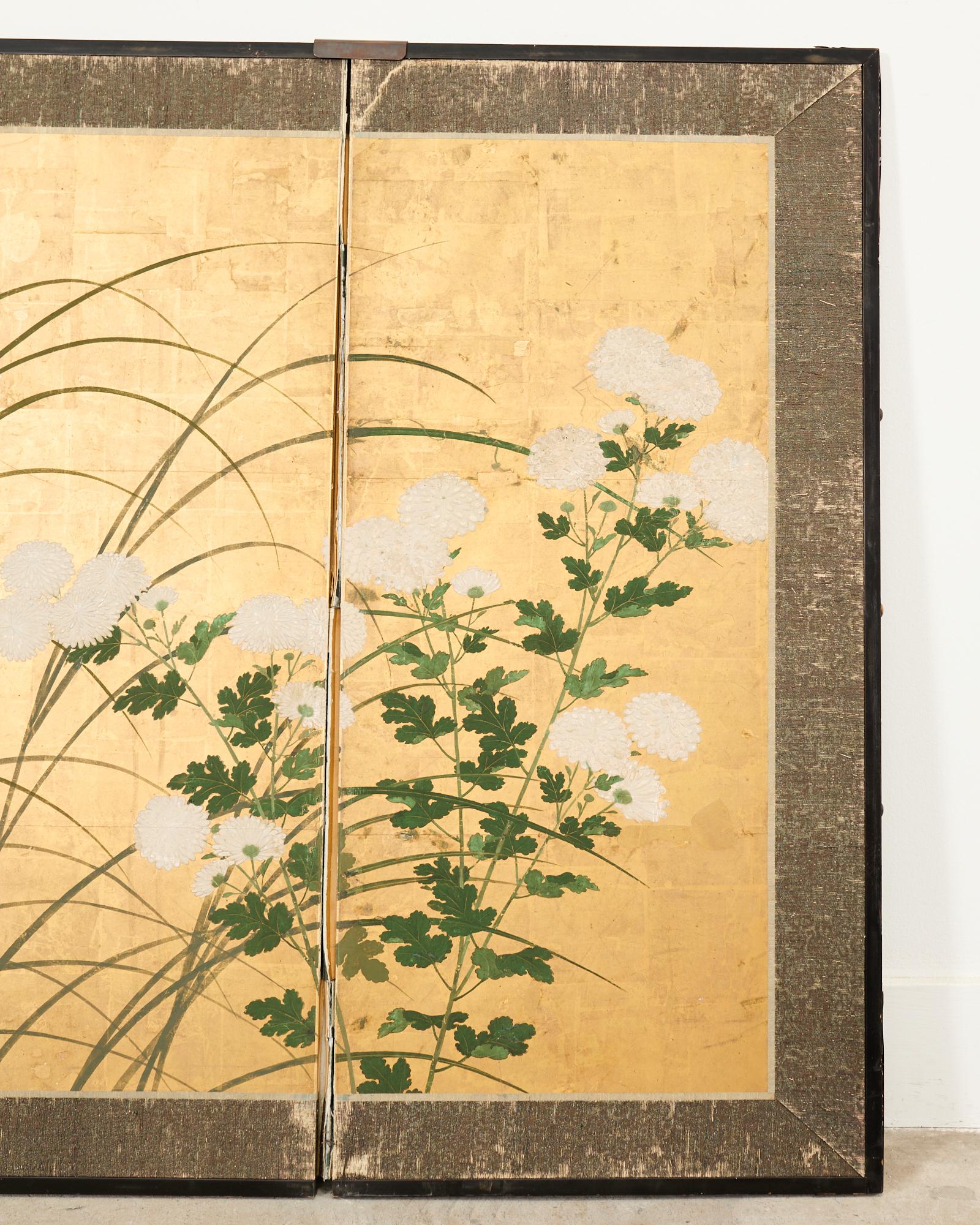 Brass Japanese Edo Four Panel Screen Flowering White Chrysanthemums For Sale