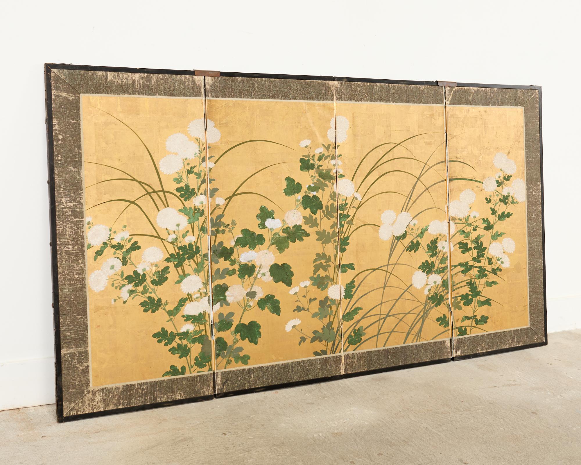 Japanese Edo Four Panel Screen Flowering White Chrysanthemums For Sale 1
