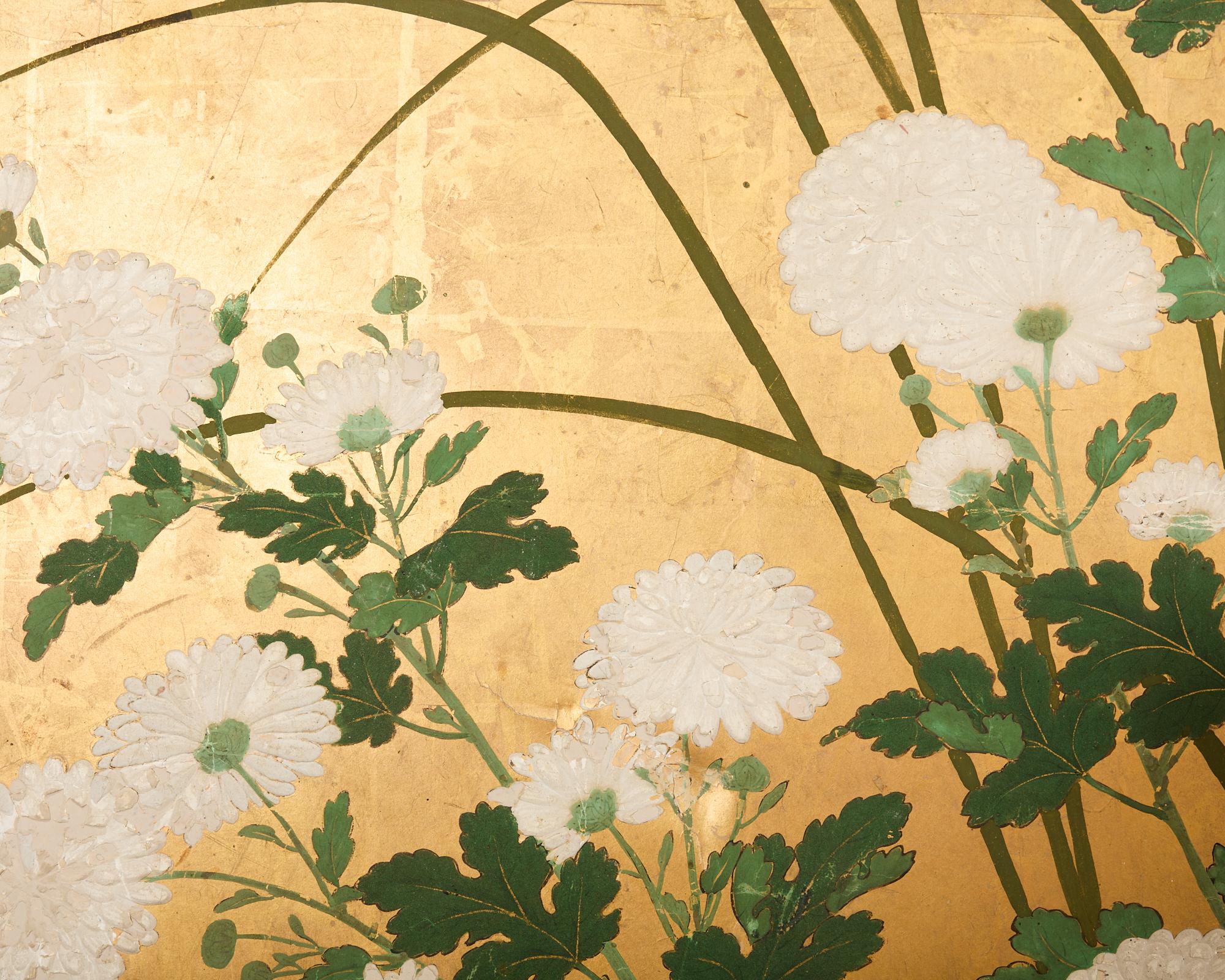 Japanese Edo Four Panel Screen Flowering White Chrysanthemums For Sale 2