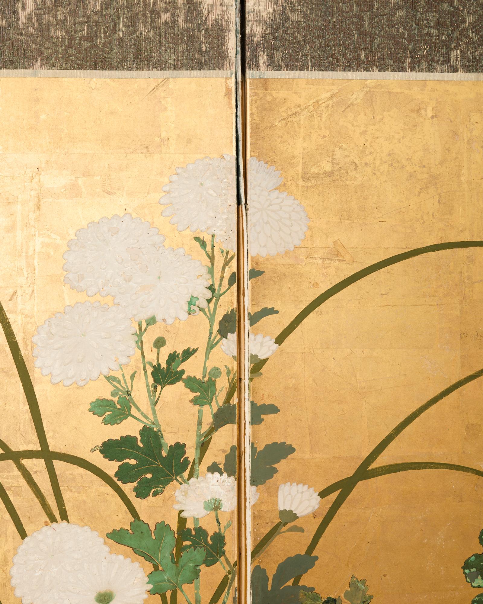 Japanese Edo Four Panel Screen Flowering White Chrysanthemums For Sale 3