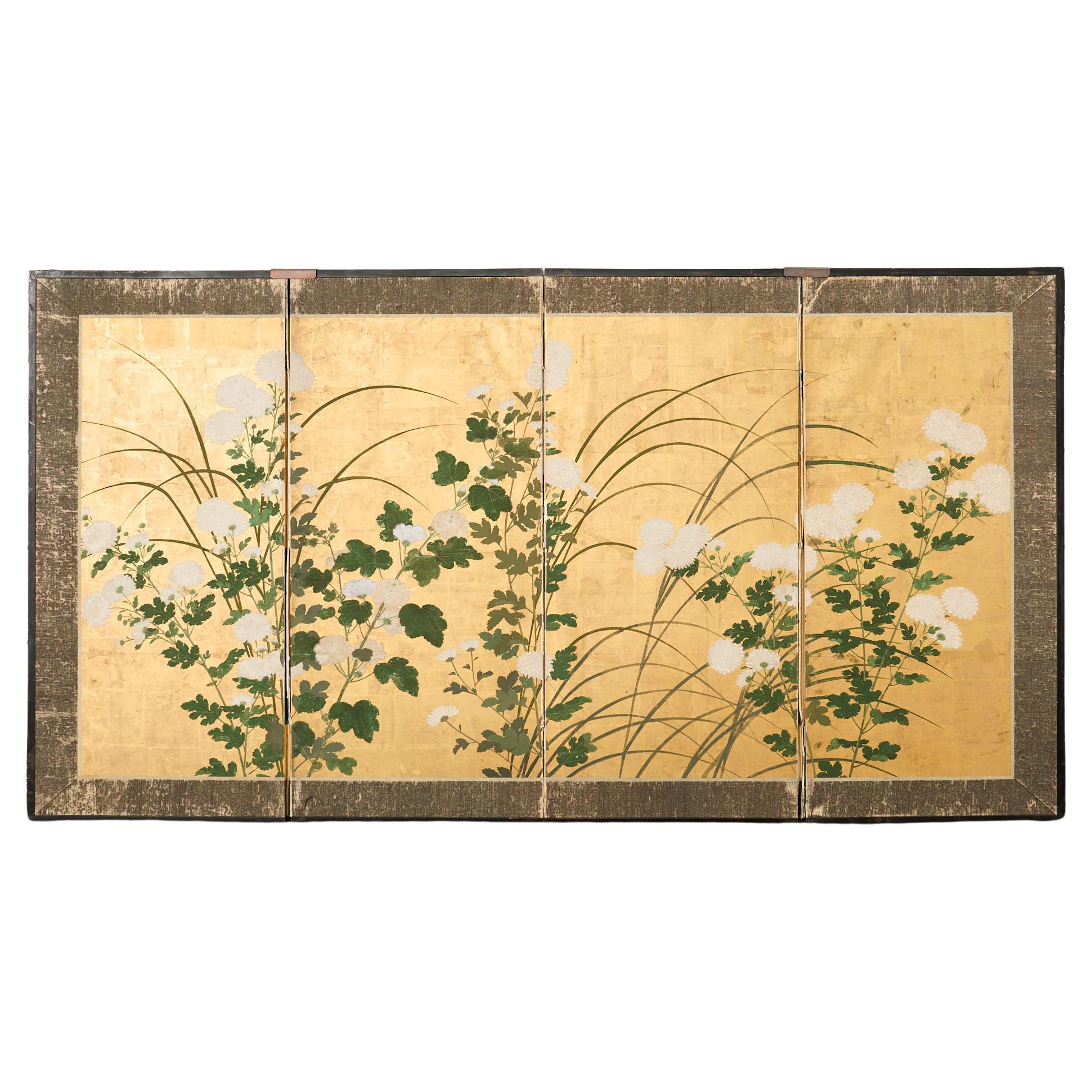 Japanese Edo Four Panel Screen Flowering White Chrysanthemums For Sale