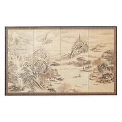 Antique Japanese Edo Four-Panel Screen Hangzhou Autumn Landscape