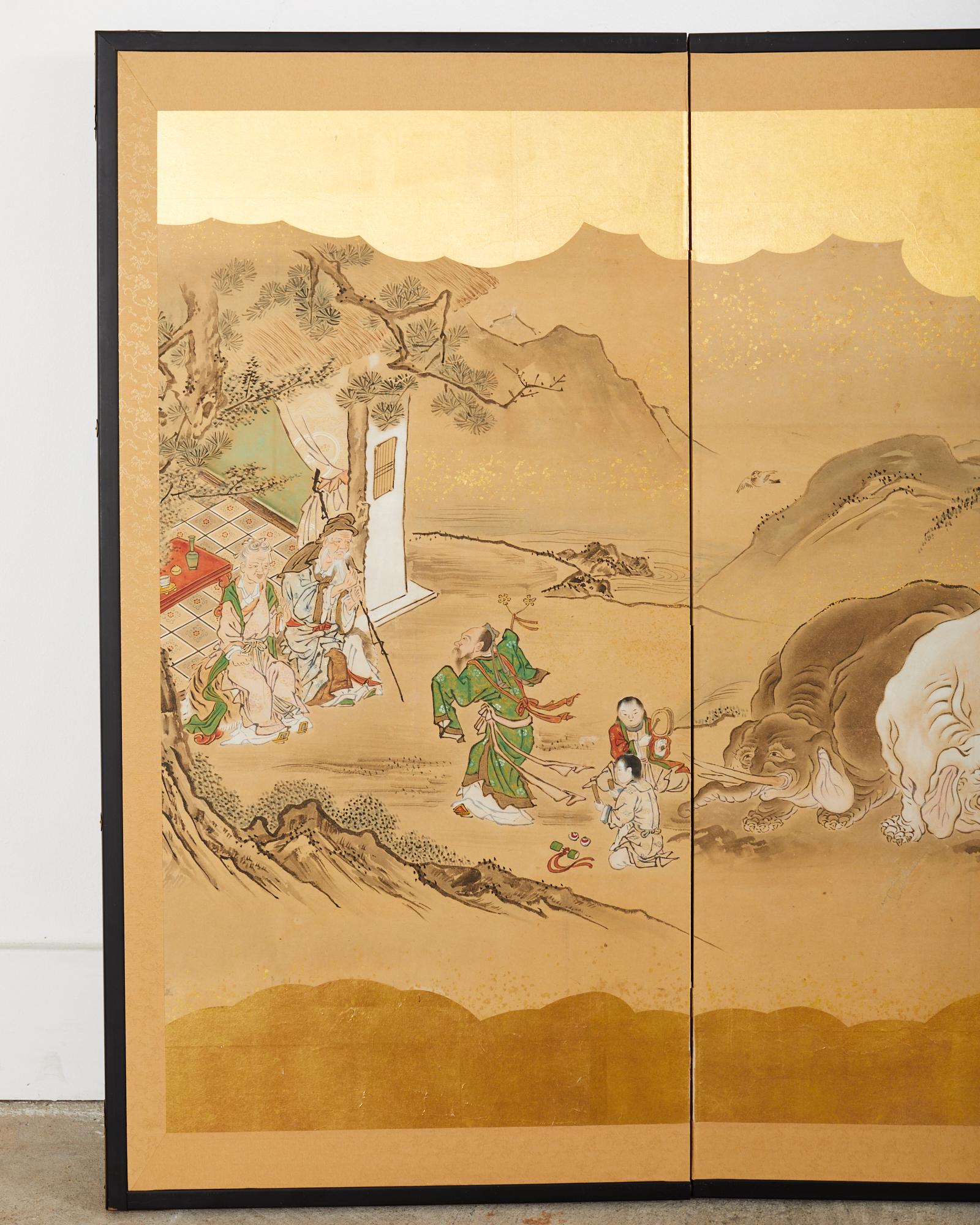 Hand-Crafted Japanese Edo Four Panel Screen Kano School Filial Piety For Sale
