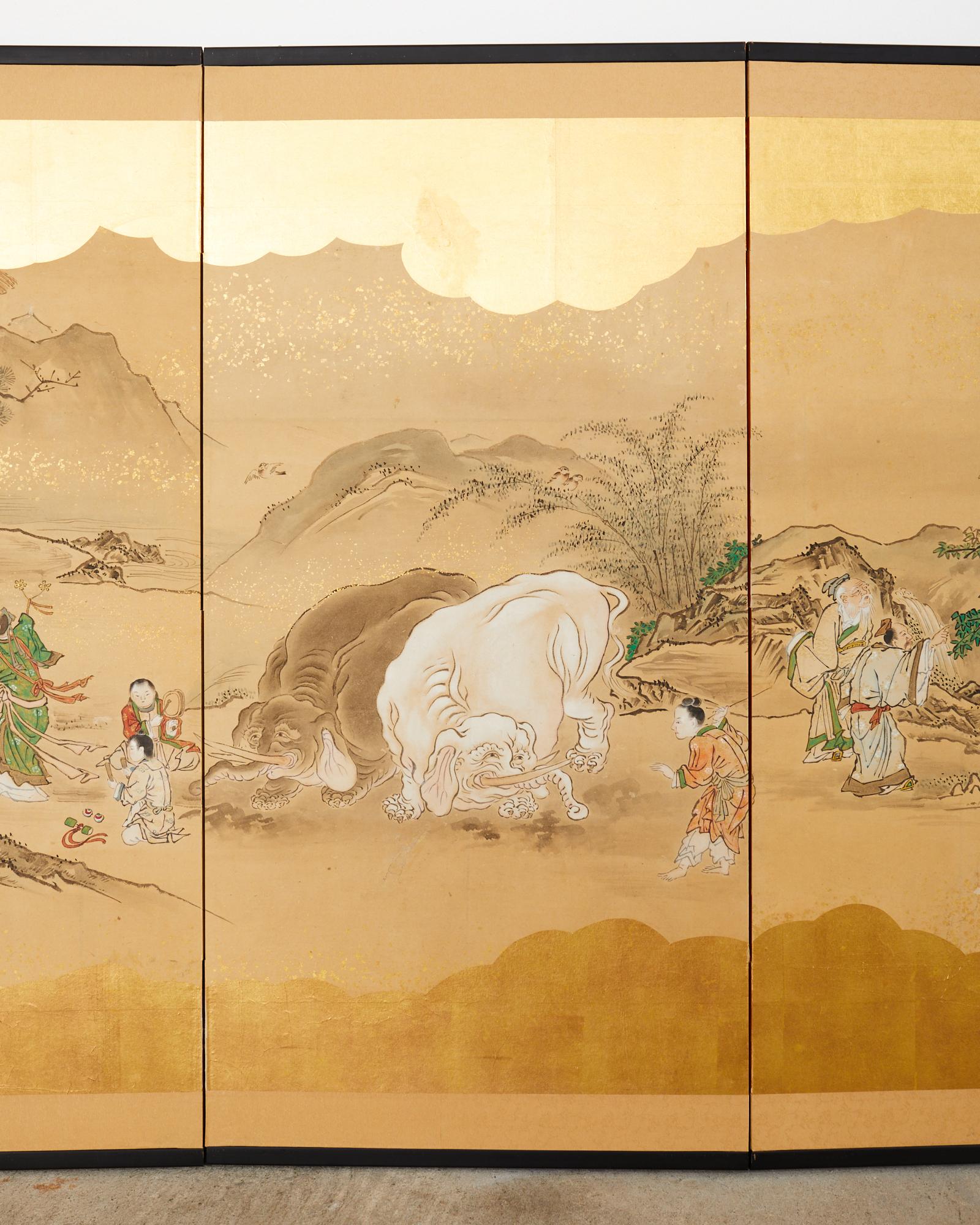 Japanischer Edo-Raumteiler mit vier Tafeln aus Kano-Schule Filial Piety im Zustand „Gut“ im Angebot in Rio Vista, CA