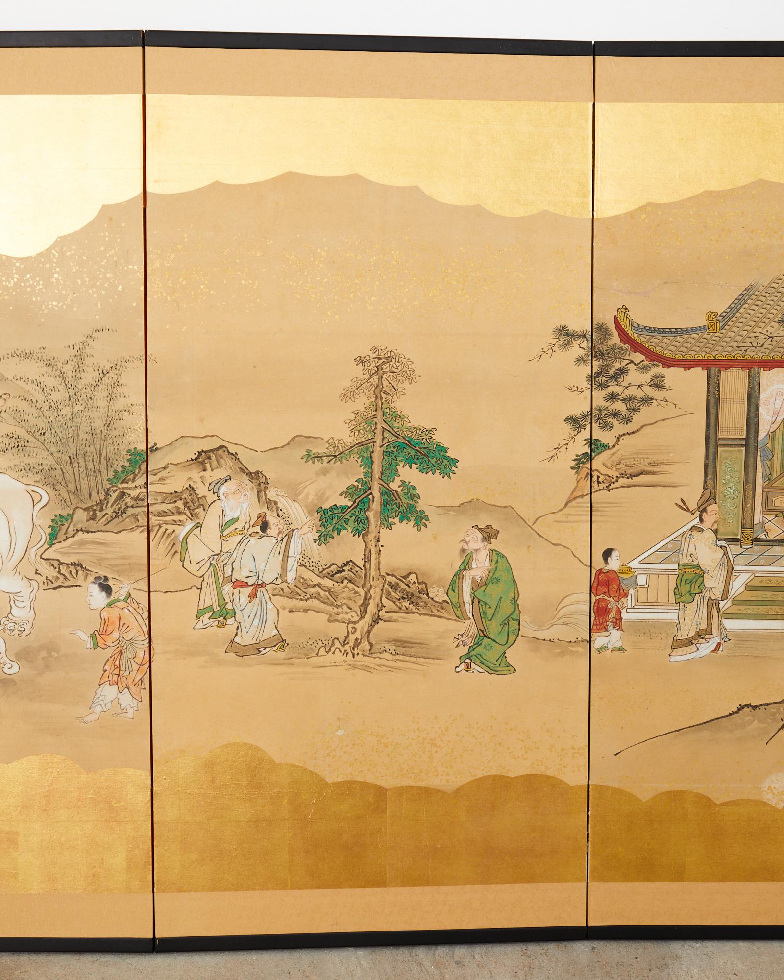 19th Century Japanese Edo Four Panel Screen Kano School Filial Piety For Sale