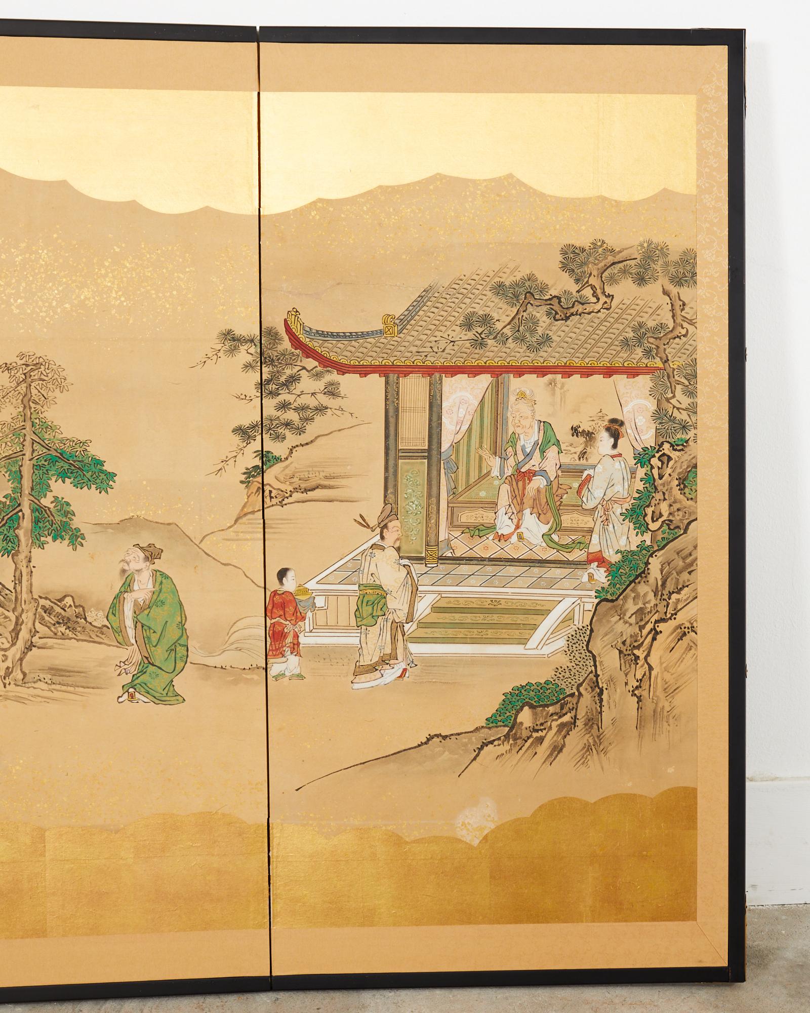 Brass Japanese Edo Four Panel Screen Kano School Filial Piety For Sale