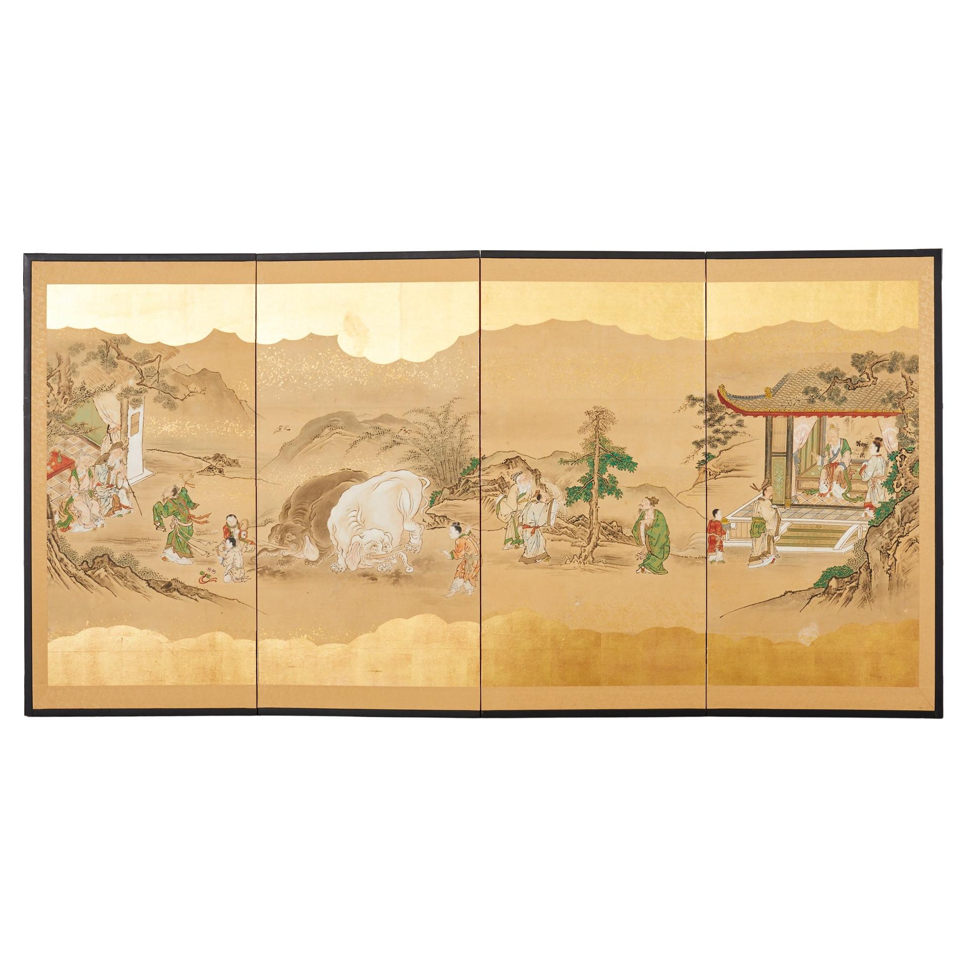 Japanischer Edo-Raumteiler mit vier Tafeln aus Kano-Schule Filial Piety