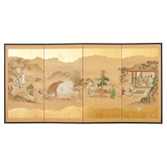 Paravento giapponese Edo a quattro pannelli della scuola di Kano Pietà filiale