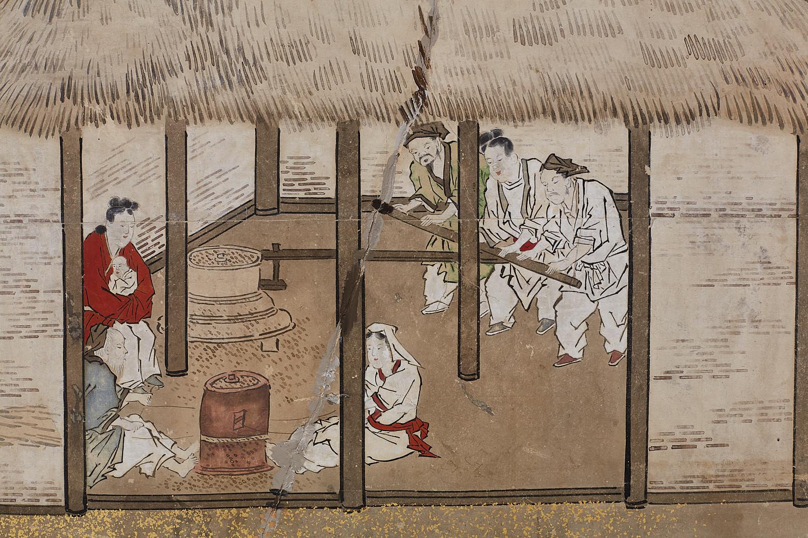 Japanese Edo Four-Panel Screen of Village Life 8