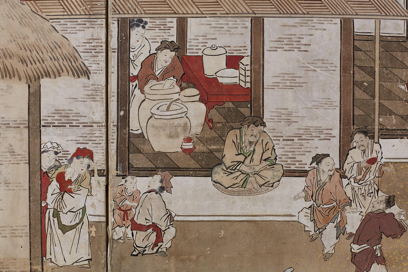 Japanese Edo Four-Panel Screen of Village Life 9