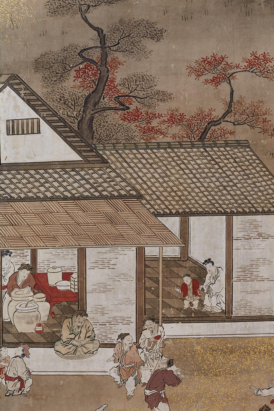 Japanese Edo Four-Panel Screen of Village Life 11