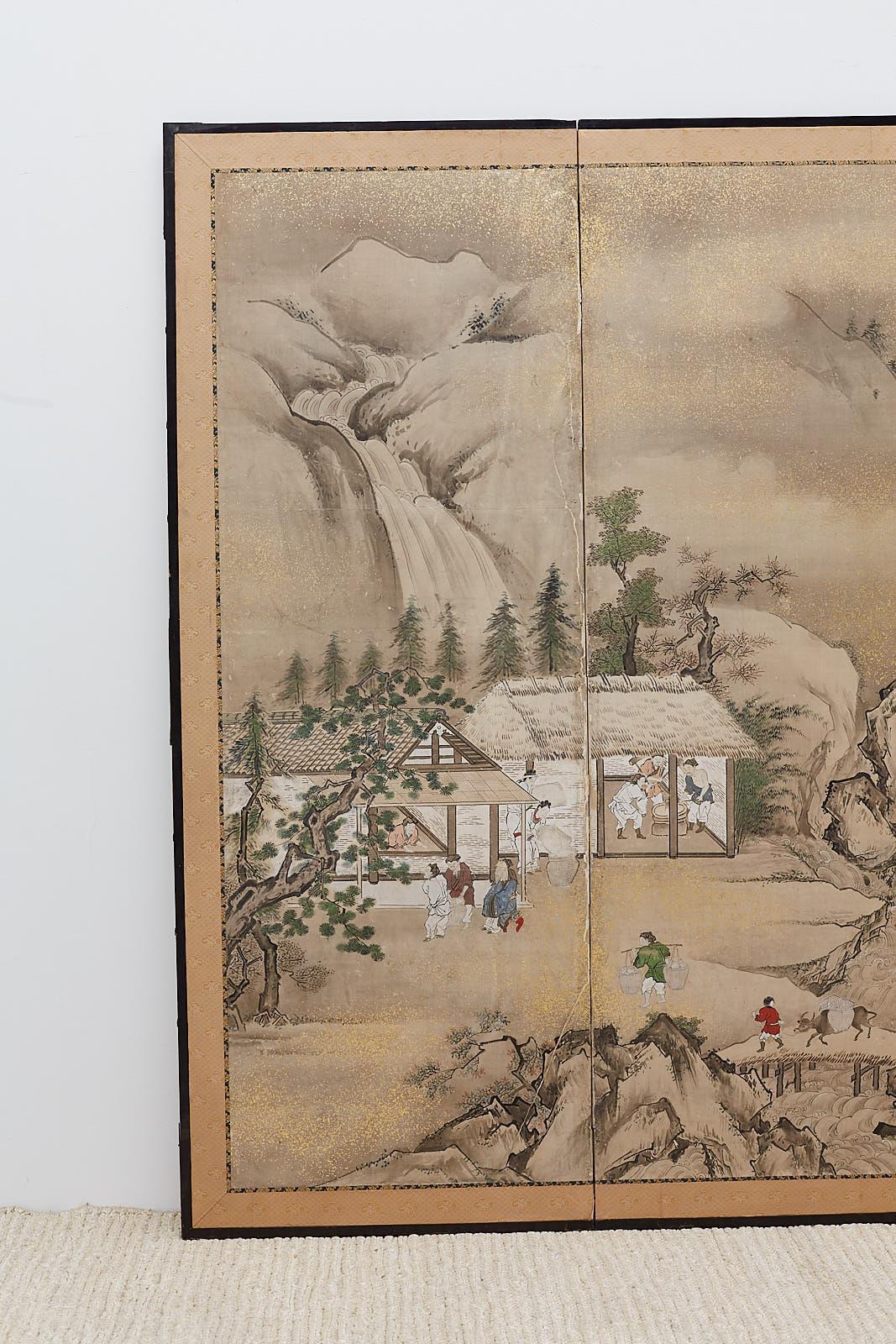 Hand-Crafted Japanese Edo Four-Panel Screen of Village Life