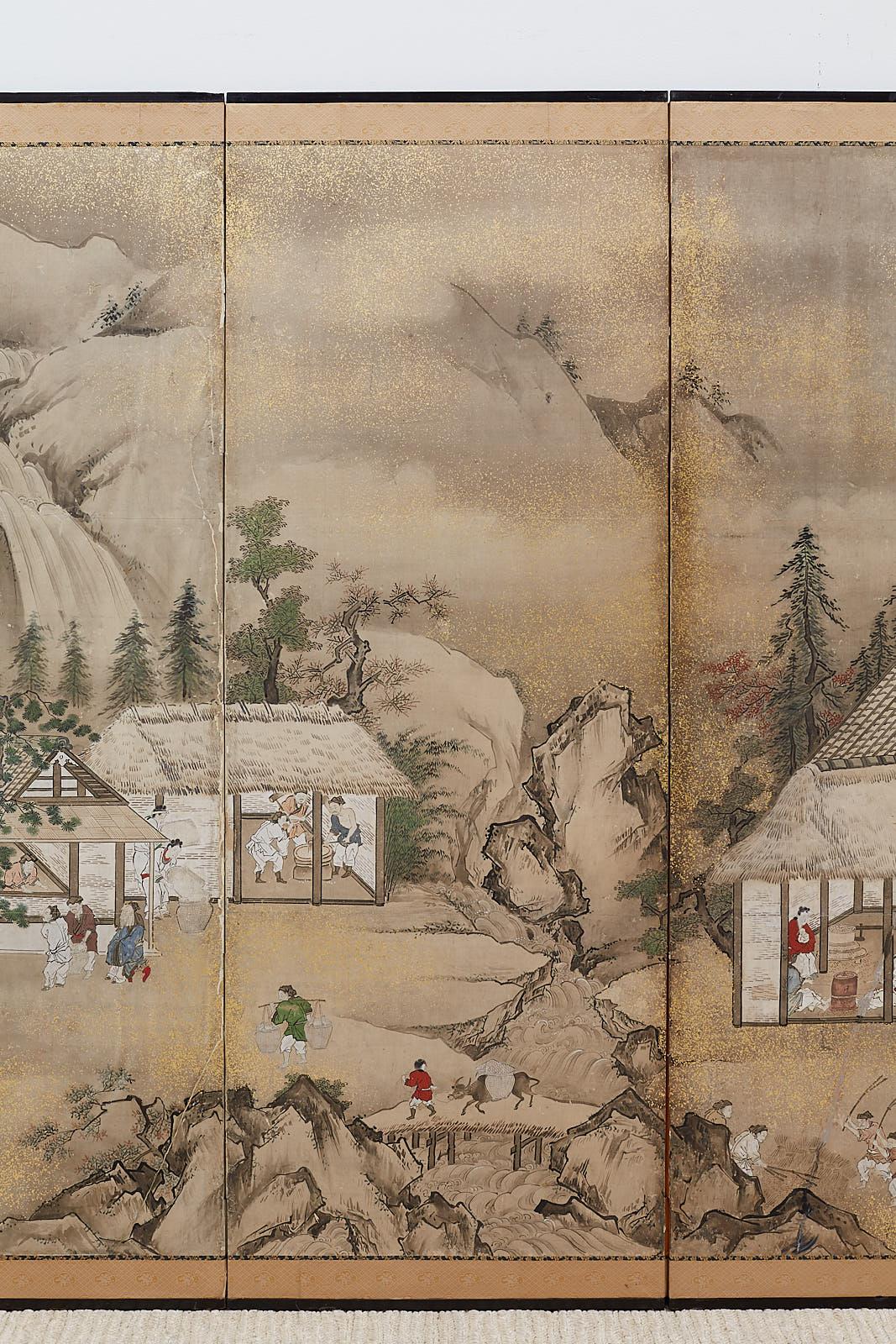 Japanese Edo Four-Panel Screen of Village Life In Distressed Condition In Rio Vista, CA