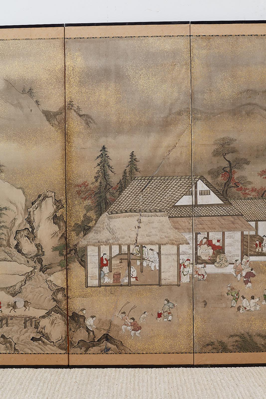 19th Century Japanese Edo Four-Panel Screen of Village Life