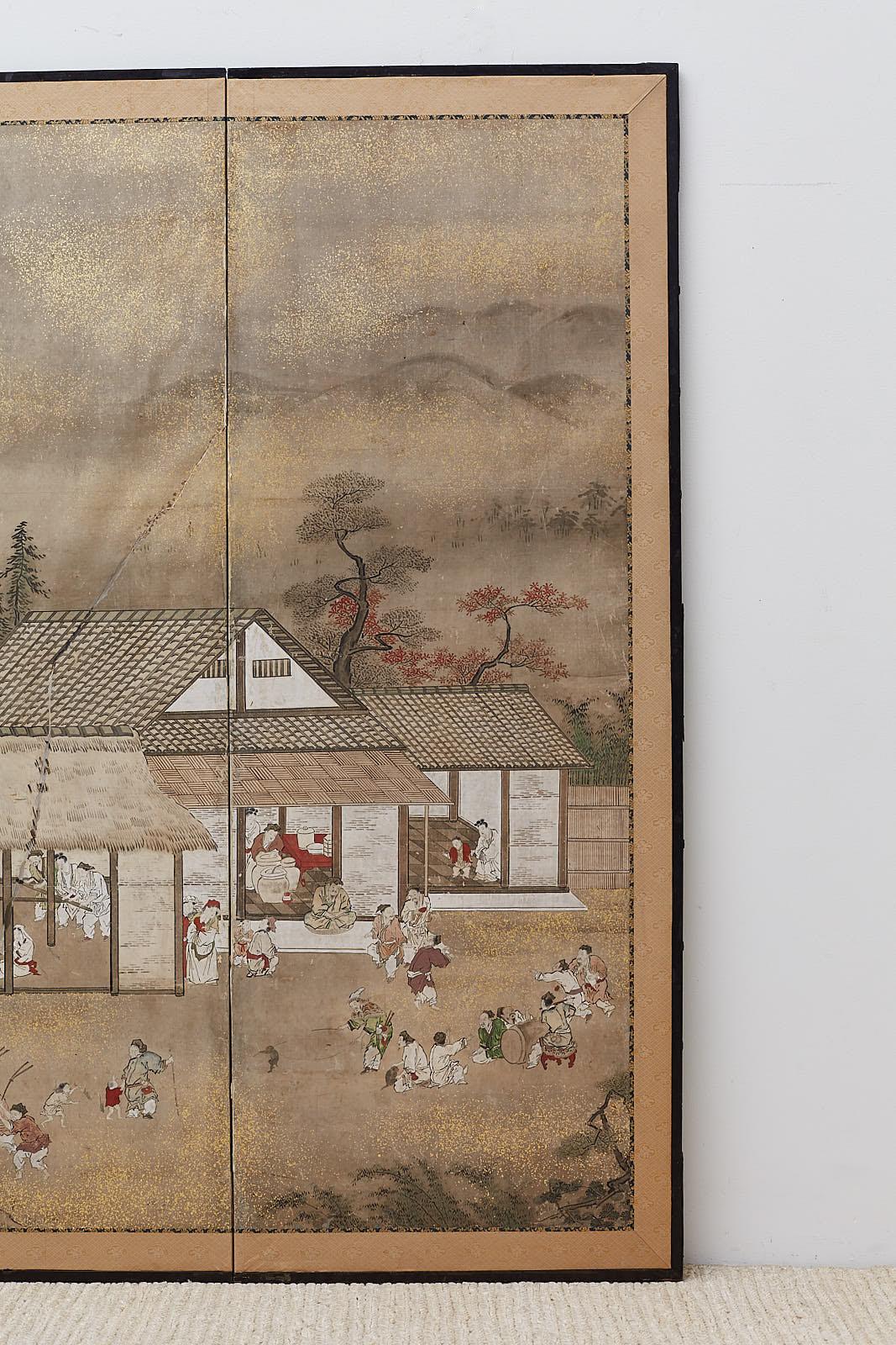 Silk Japanese Edo Four-Panel Screen of Village Life
