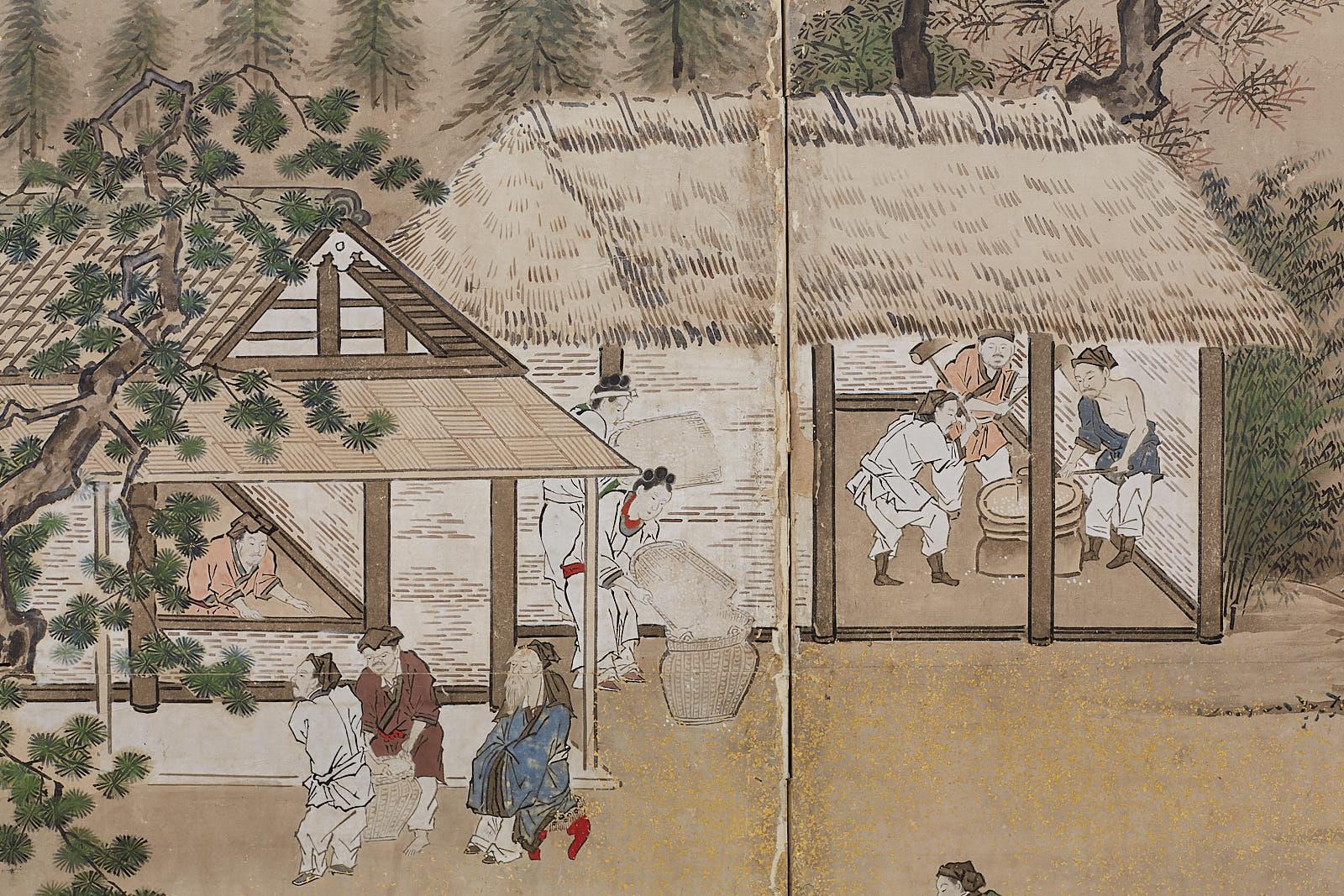 Japanese Edo Four-Panel Screen of Village Life 2
